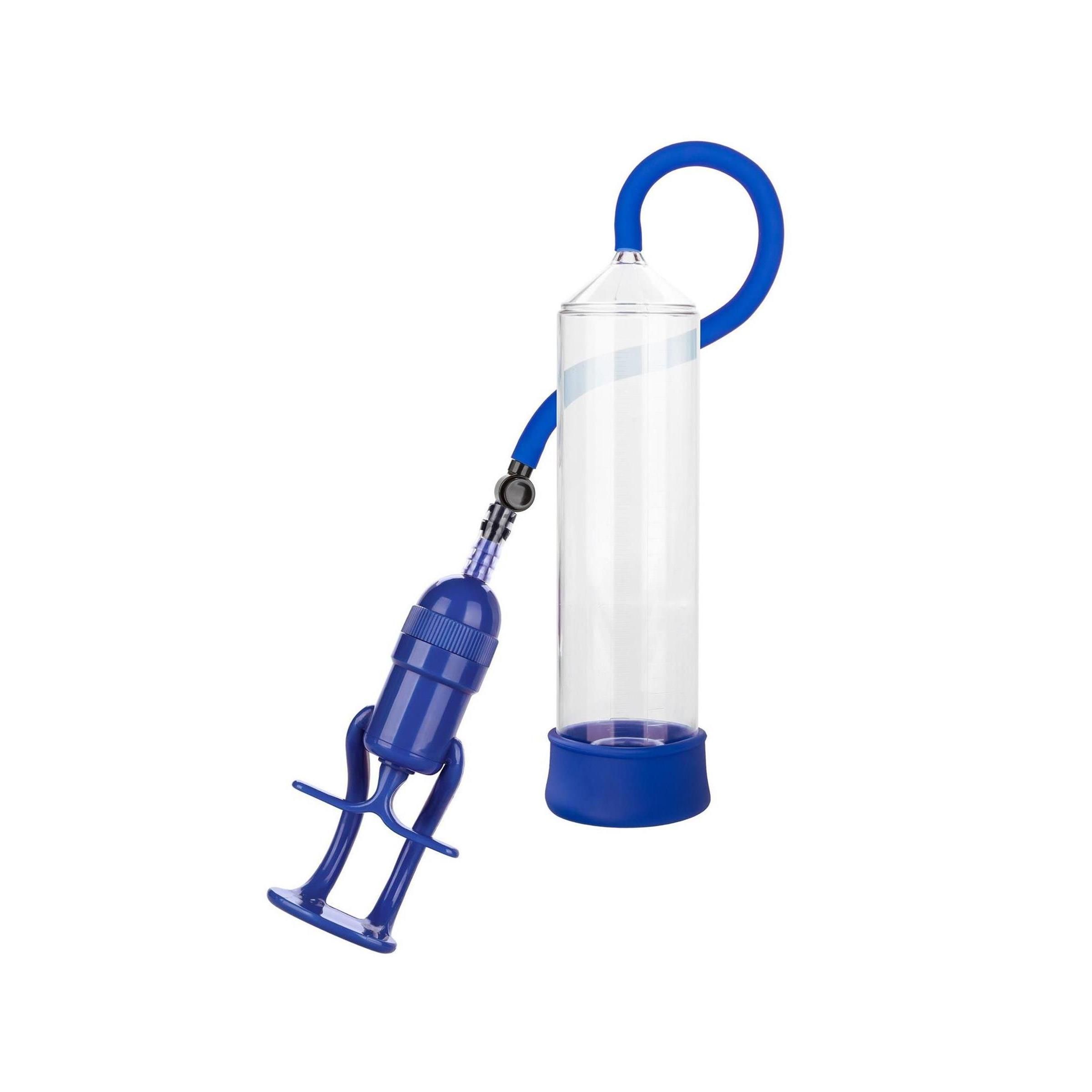 Blau-transparente Pumpe. Zylinder, Griff und Schlauch. Blaue Basis. Für Intimhygiene.