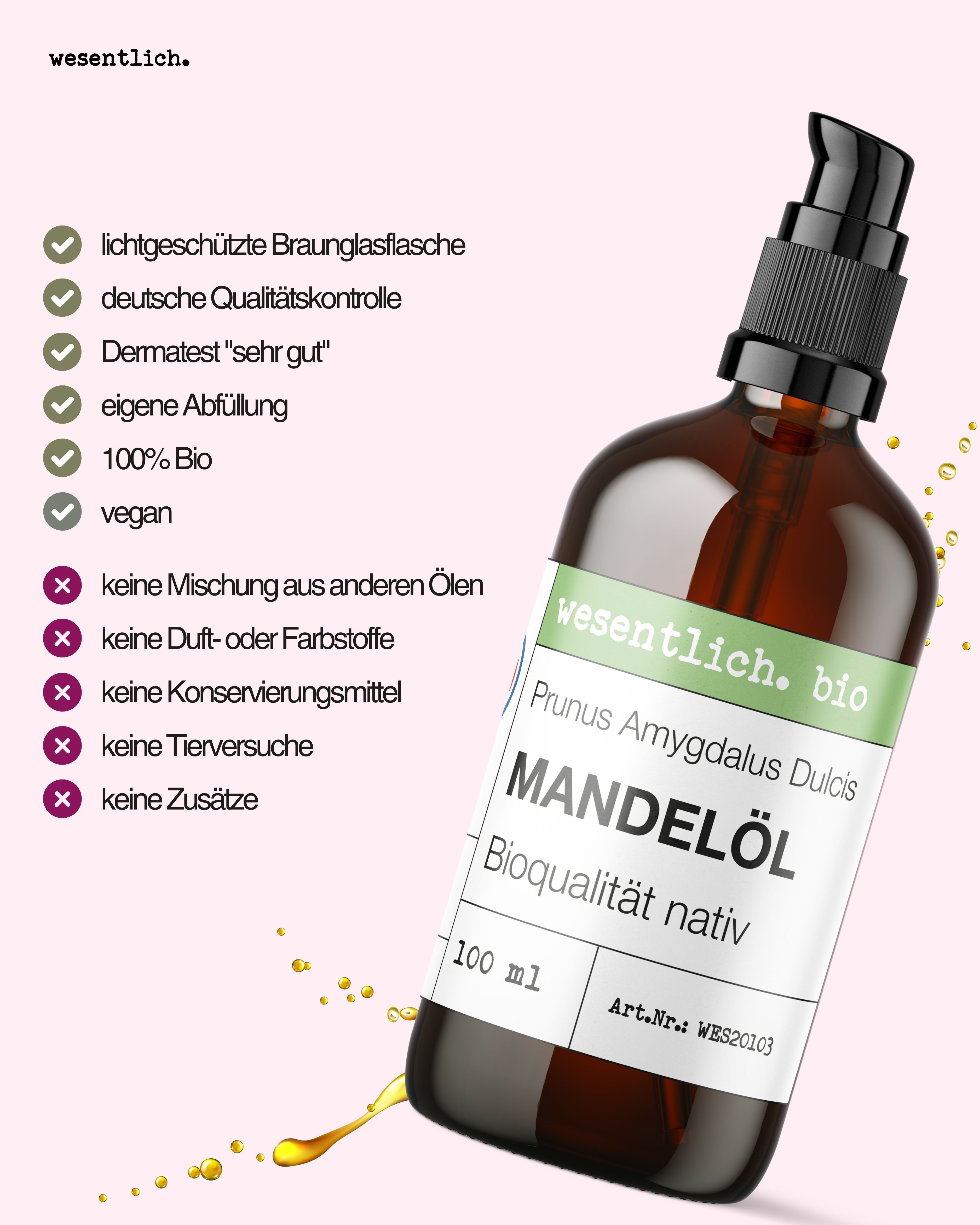 Braunglasflasche mit Mandelöl, Label mit Produktinformationen. Aufzählung von Eigenschaften: 100% Bio, vegan, ohne Zusätze.