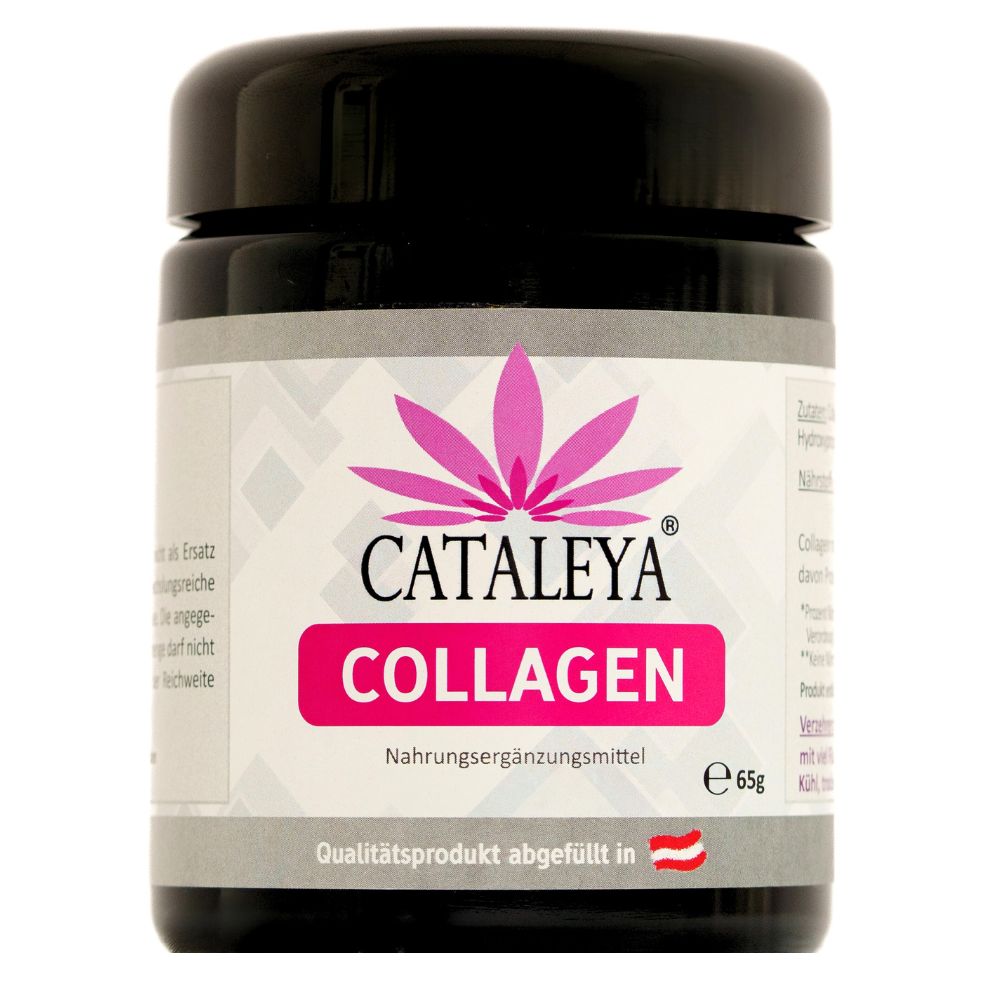 Schwarze Dose mit weißem Etikett. Text: CATALEYA COLLAGEN, Nahrungsergänzungsmittel, 65g. Qualitäts-Produkt, hergestellt in Österreich.