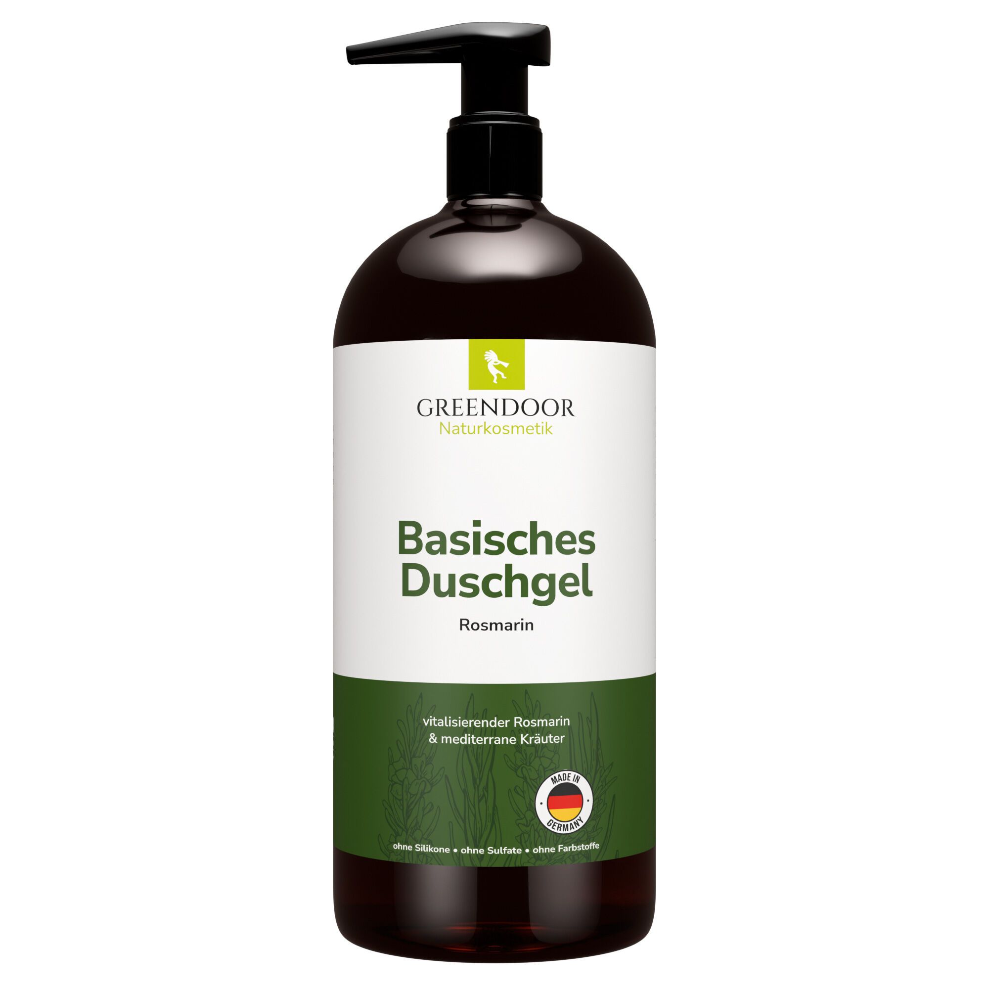 GREENDOOR Basisches Duschgel Rosmarin in dunkler Pumpflasche mit weißem Etikett.