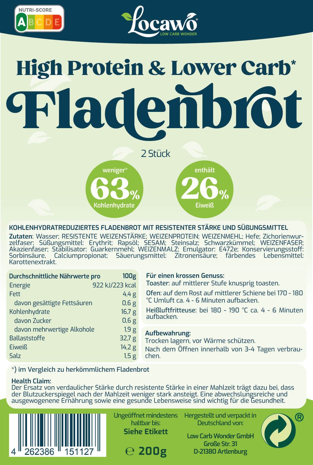 Etikett von Locawo Fladenbrot. Enthält Informationen zu Inhaltsstoffen, Nährwerten und Hersteller. Text: High Protein & Lower Carb.