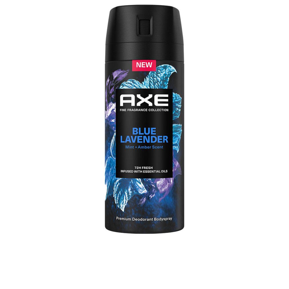Deodorant-Spraydose. Schwarz und blau, mit floralem Muster. Aufschrift: AXE BLUE LAVENDER, Mint + Amber Scent. Mit NEW-Etikett.