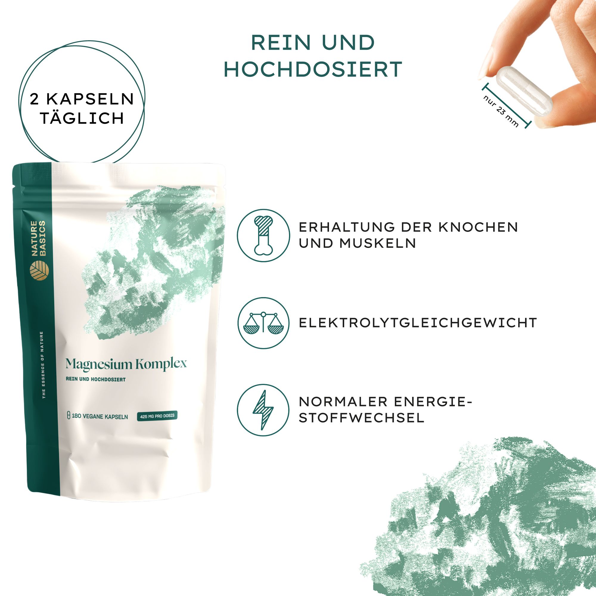 Beutel mit Magnesium Komplex, 180 vegane Kapseln. Icons zeigen: Erhaltung von Knochen und Muskeln, Elektrolytgleichgewicht, normaler Energiestoffwechsel.