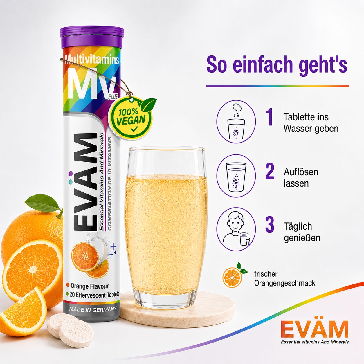 EVÄM Multivitamin Brausetabletten: Zubereitung mit Wasser, Orange Geschmack, 20 Stück, vegan.