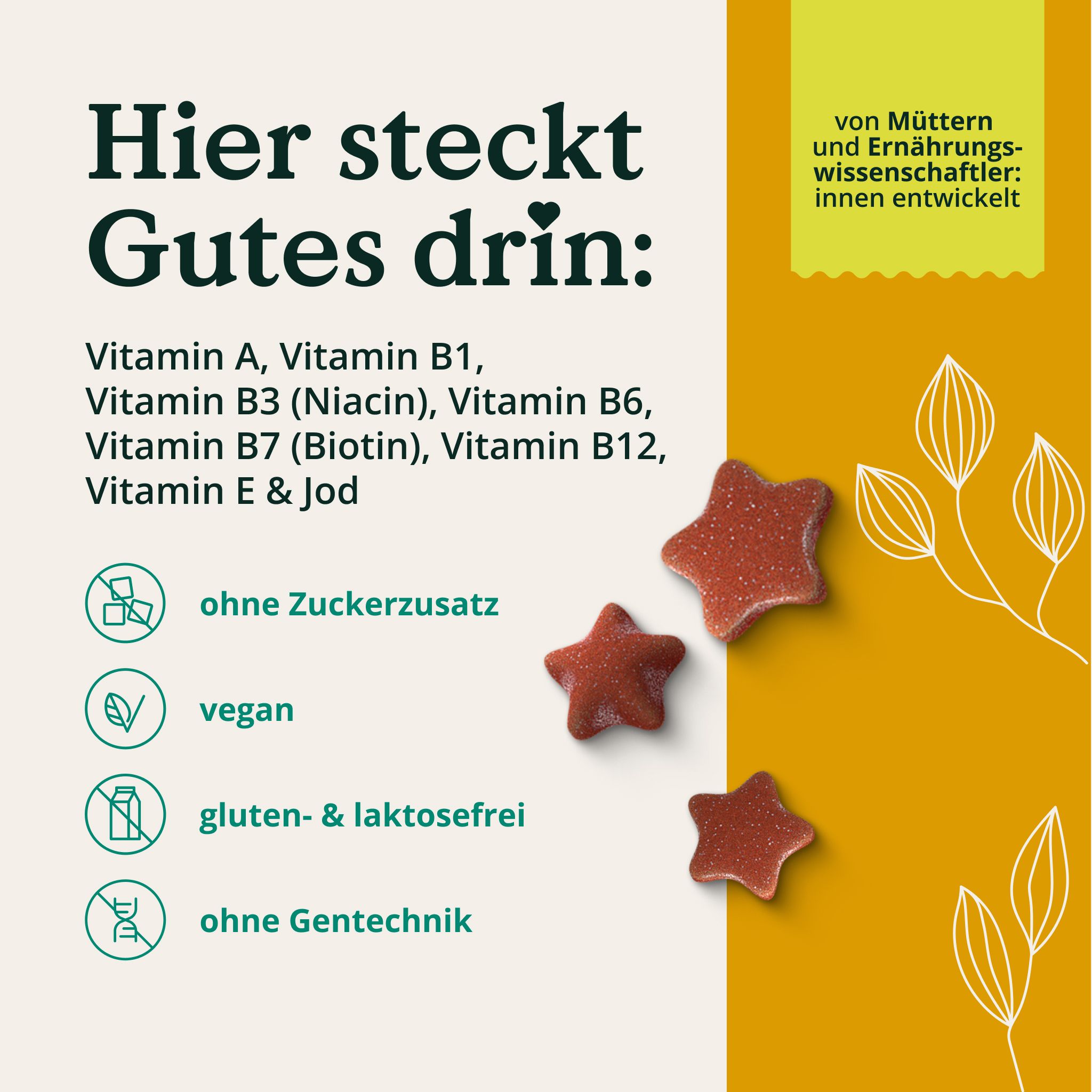 Rote Stern-Gummies. "Hier steckt Gutes drin". Ohne Zuckerzusatz, vegan, gluten- & laktosefrei.