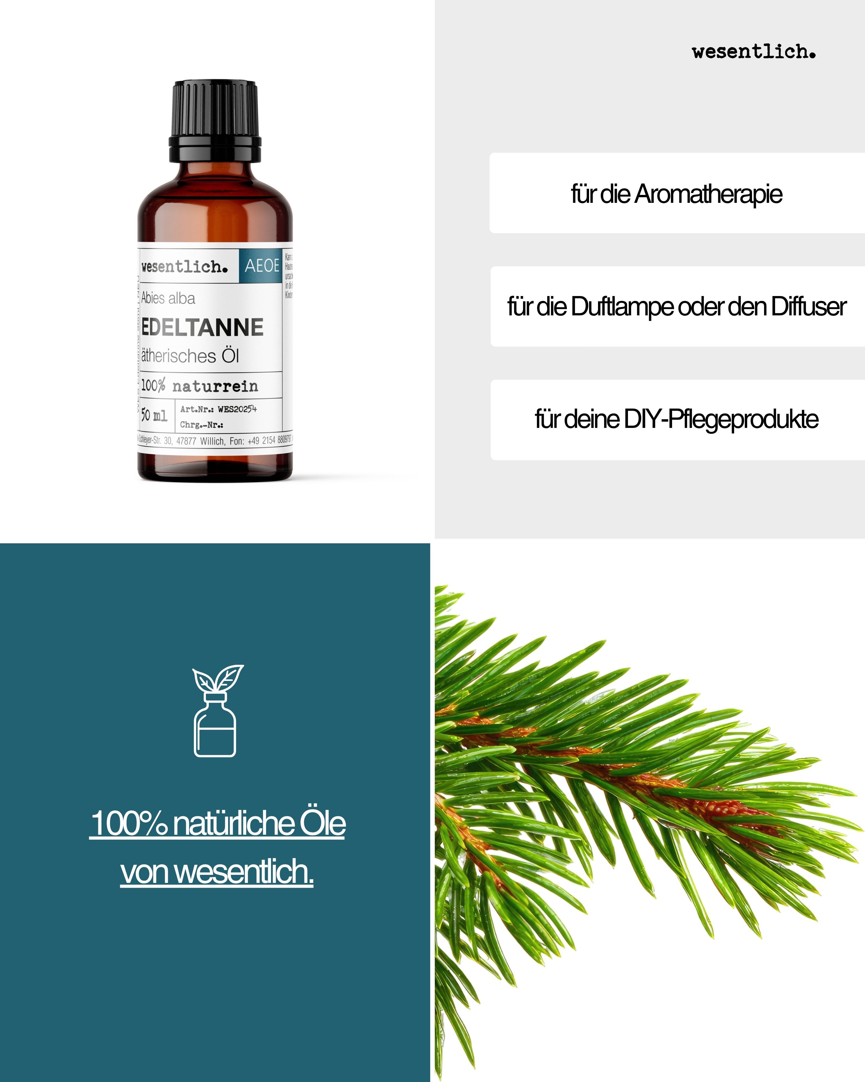 Collage: Flasche Edeltannenöl, Text "für die Aromatherapie", "für die Duftlampe oder den Diffuser", "für deine DIY-Pflegeprodukte", Pflanzensymbol.