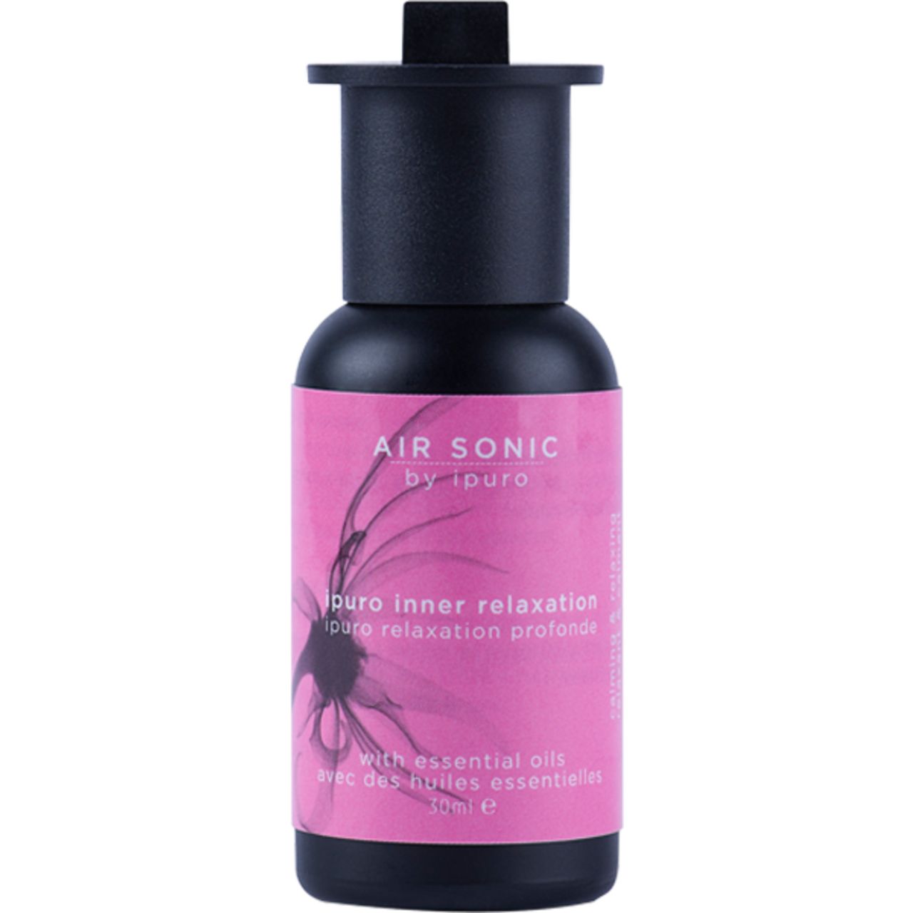 Schwarzer Diffusor mit rosa Etikett. Text: Air Sonic by Ipuro, inner relaxation, mit ätherischen Ölen.