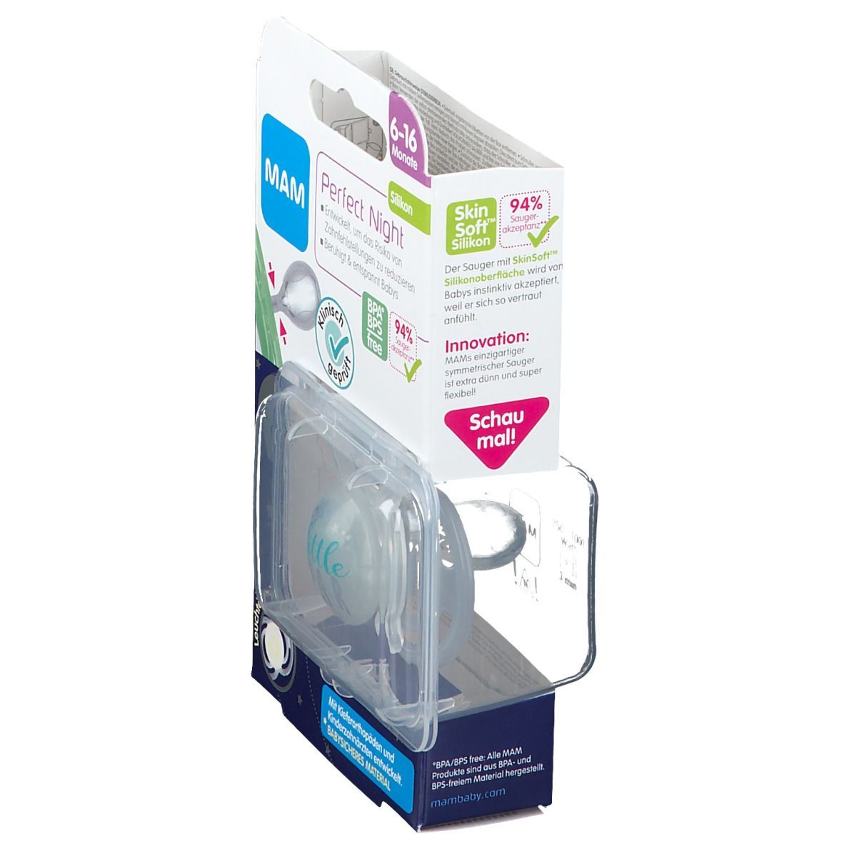 MAM Perfect Night 6+ Schnuller in Verpackung. Silikon, BPA/BPS-frei. Sichtbar: Sauger, Schutzhülle, Verpackung mit Produktinformationen.