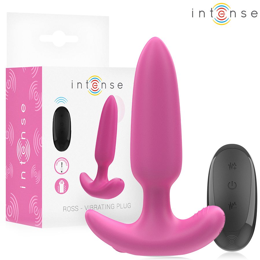 Verpackung mit rosa Anal Plug und Fernbedienung. Marke: Intense. Produktname: Ross - Vibrating Plug. Schwarze Fernbedienung.