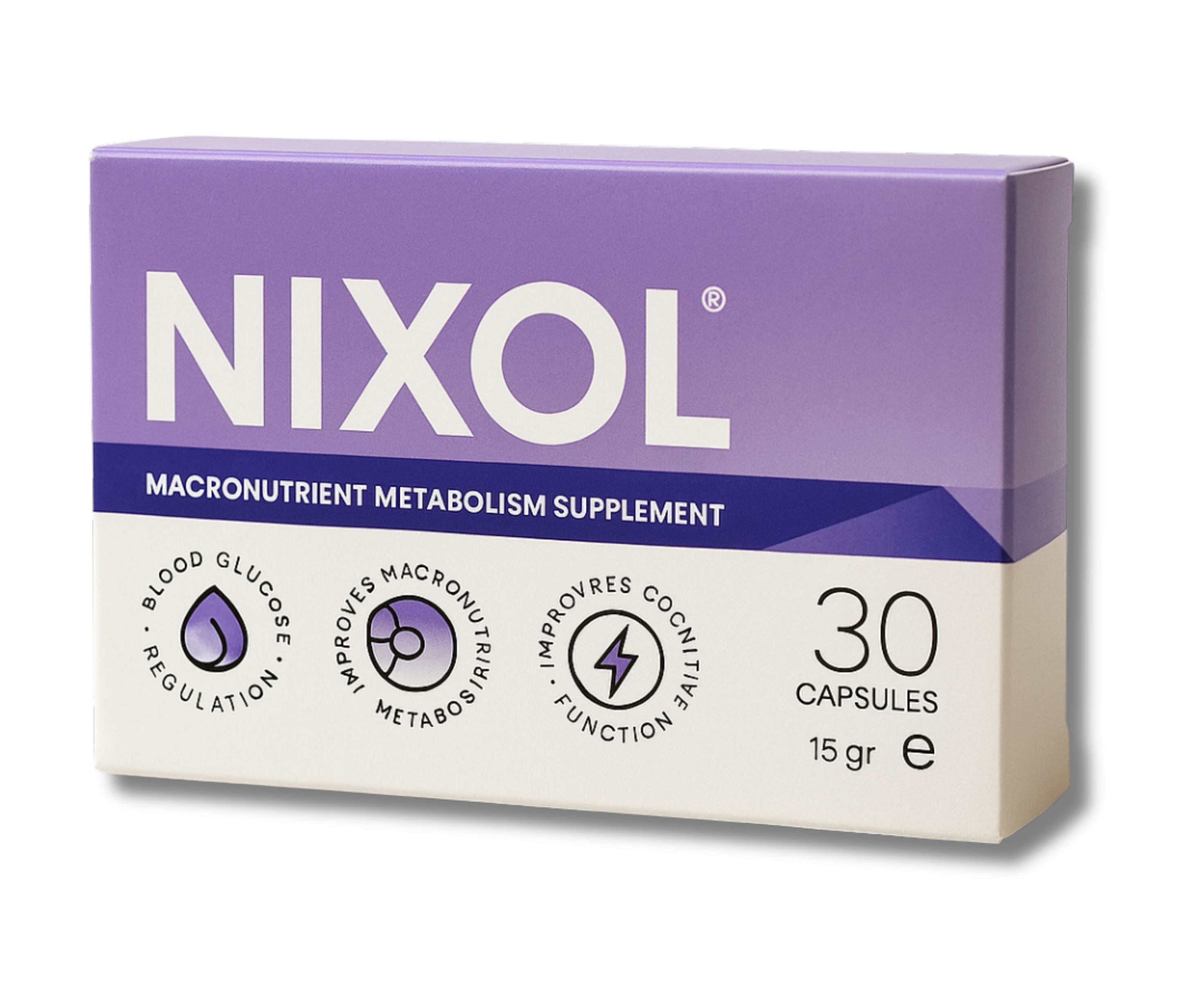 Nahrungsergänzungsmittel-Schachtel. Lila-weiß, mit "NIXOL"-Logo. Enthält 30 Kapseln. Beschriftung: "MACRONUTRIENT METABOLISM SUPPLEMENT".