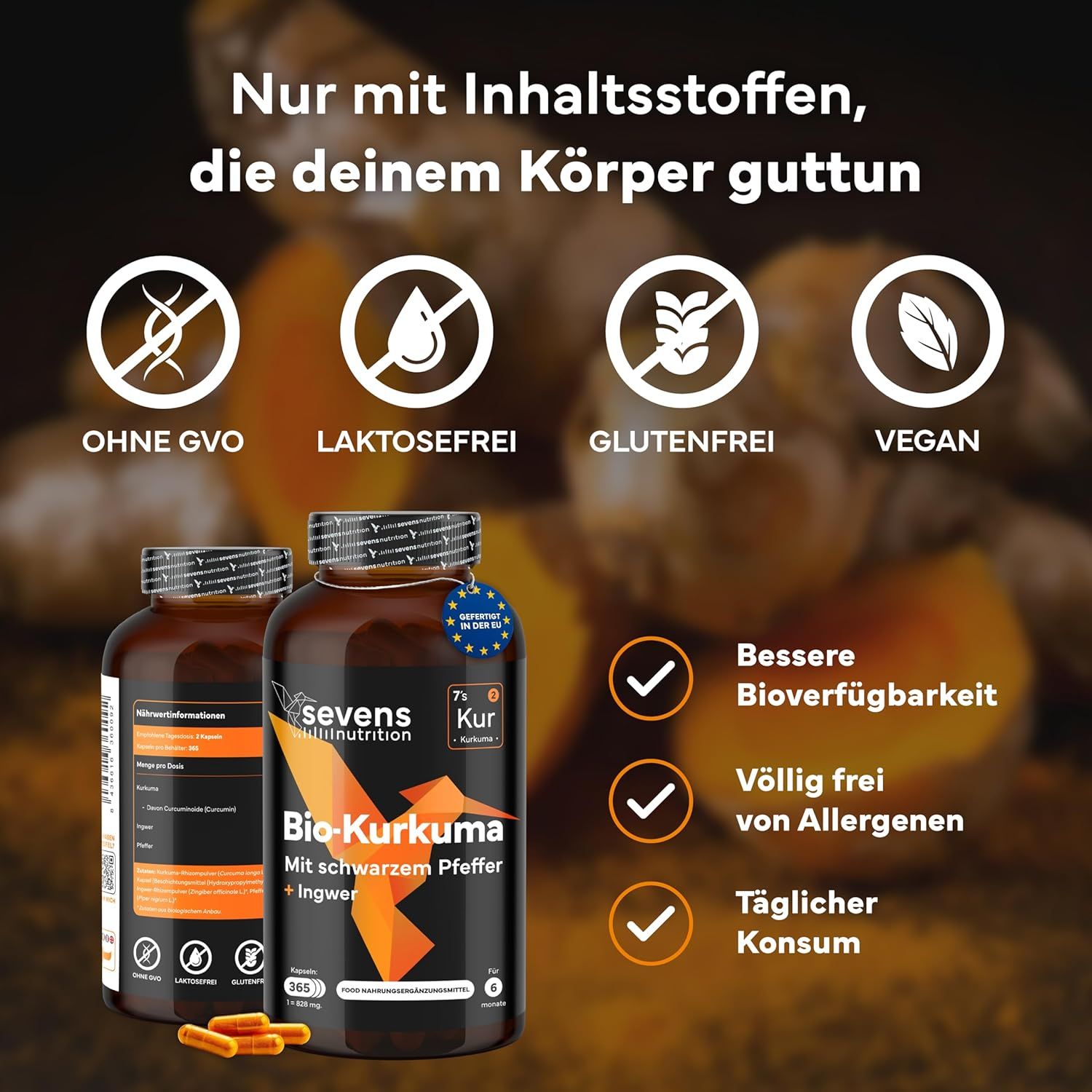 Zwei Dosen Bio-Kurkuma Kapseln, vegan, glutenfrei, laktosefrei, ohne GVO. Bessere Bioverfügbarkeit.