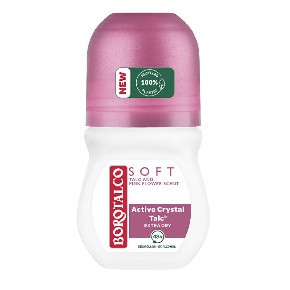 Weißer Roll-on mit rosa Verschluss. Aufschrift: Borotalco, Soft, Active Crystal Talc, Extra Dry. Grün-weißer Aufkleber: Recycled 100% Plastic. Neu.