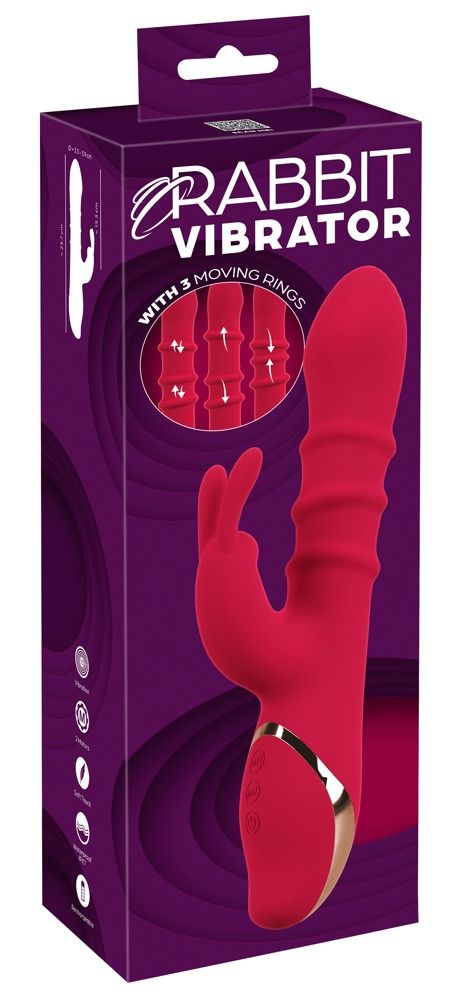 Verpackung mit rotem Vibrator. Text: RABBIT VIBRATOR, mit 3 beweglichen Ringen. Abmessungen.
