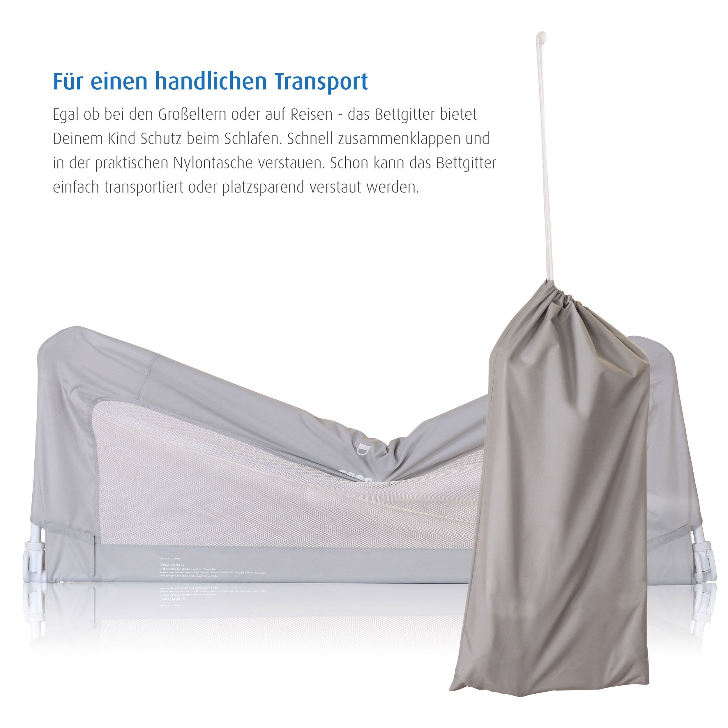 Bettgitter, grau mit weißem Netz. Marke reer. In einer Tasche verpackt.