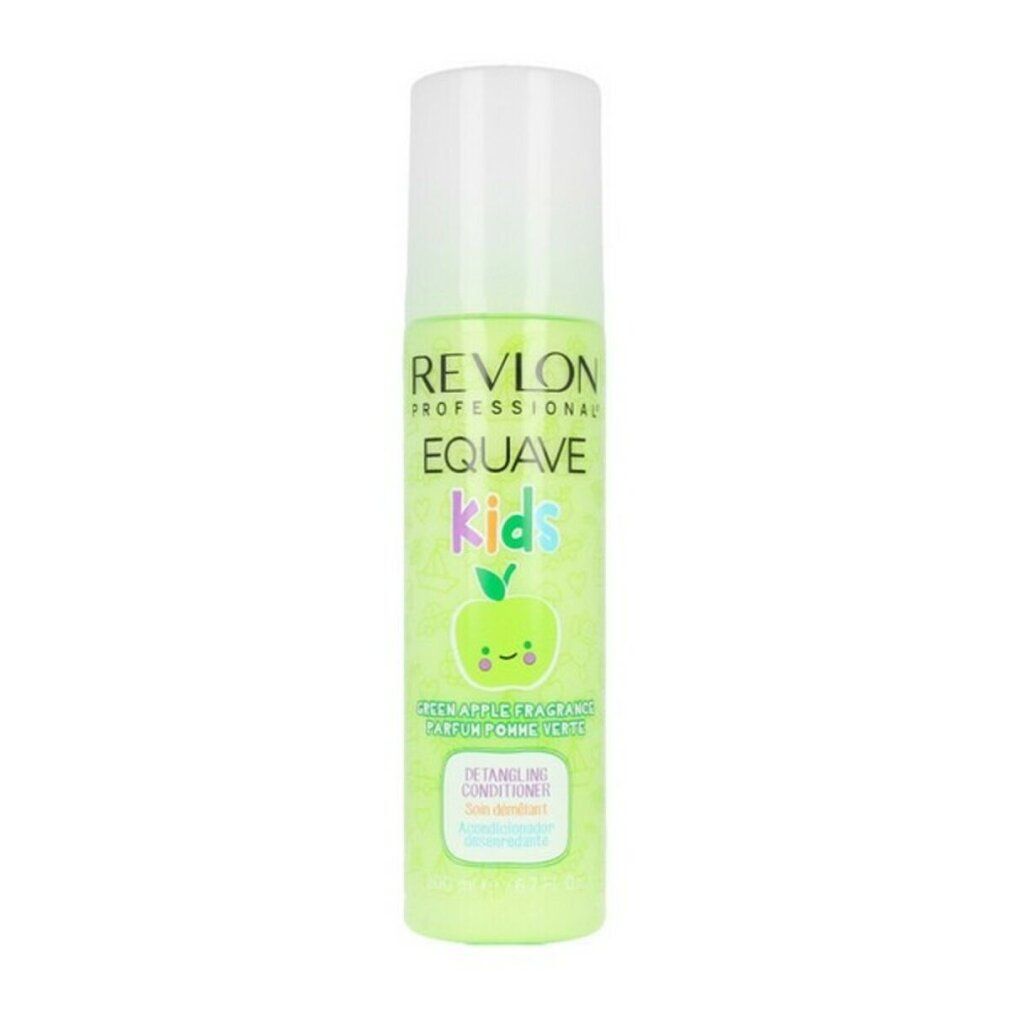 Grüne Flasche mit weißem Deckel. Aufschrift: Revlon Equave Kids, Apfel-Duft, Detangling Conditioner.