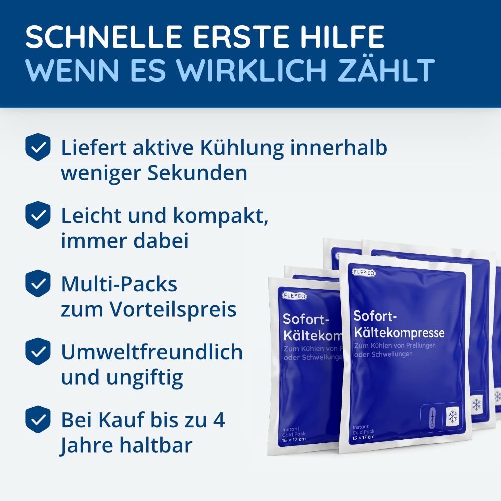 Drei Sofort-Kältekompressen in blauer Verpackung, mit Text über schnelle Hilfe.