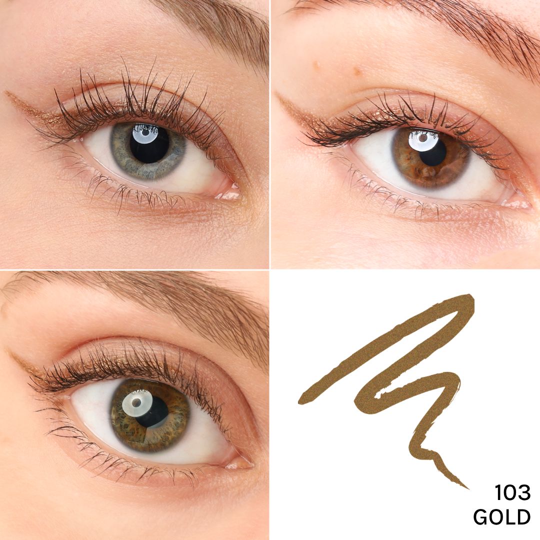 Vier Nahaufnahmen von Augen mit goldfarbenem Kajal-Eyeliner. Rechts unten: Farbstrich mit der Bezeichnung "103 GOLD".