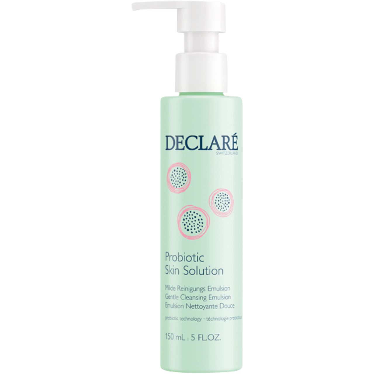 Grüne Flasche mit weißem Pumpkopf. Aufschrift DECLARÉ und "Probiotic Skin Solution". Text in Deutsch, Englisch und Französisch. 150 ml.