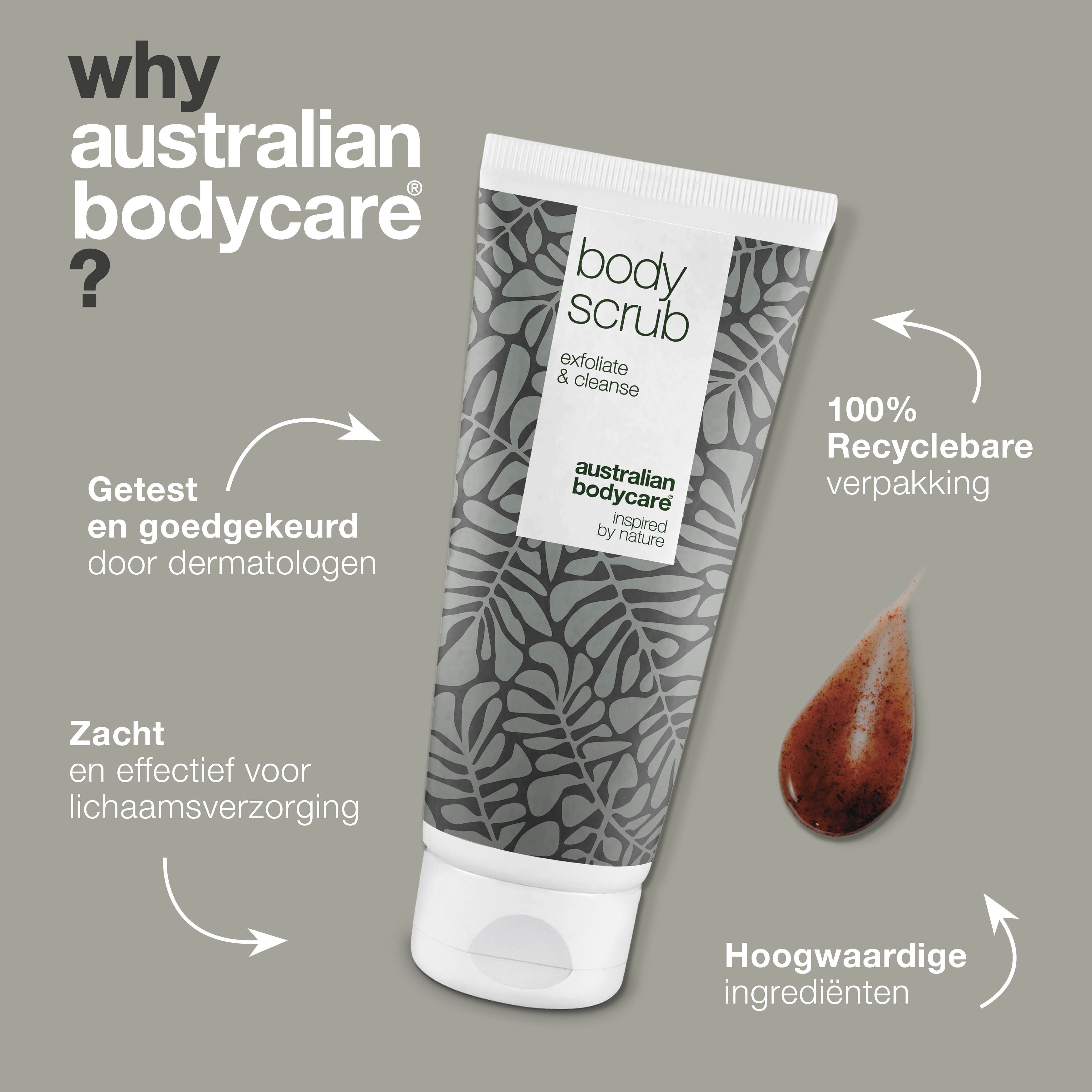 Afbeelding met productvoordelen. Tekst: 100% recyclebare verpakking. Body Scrub, Australian Bodycare.