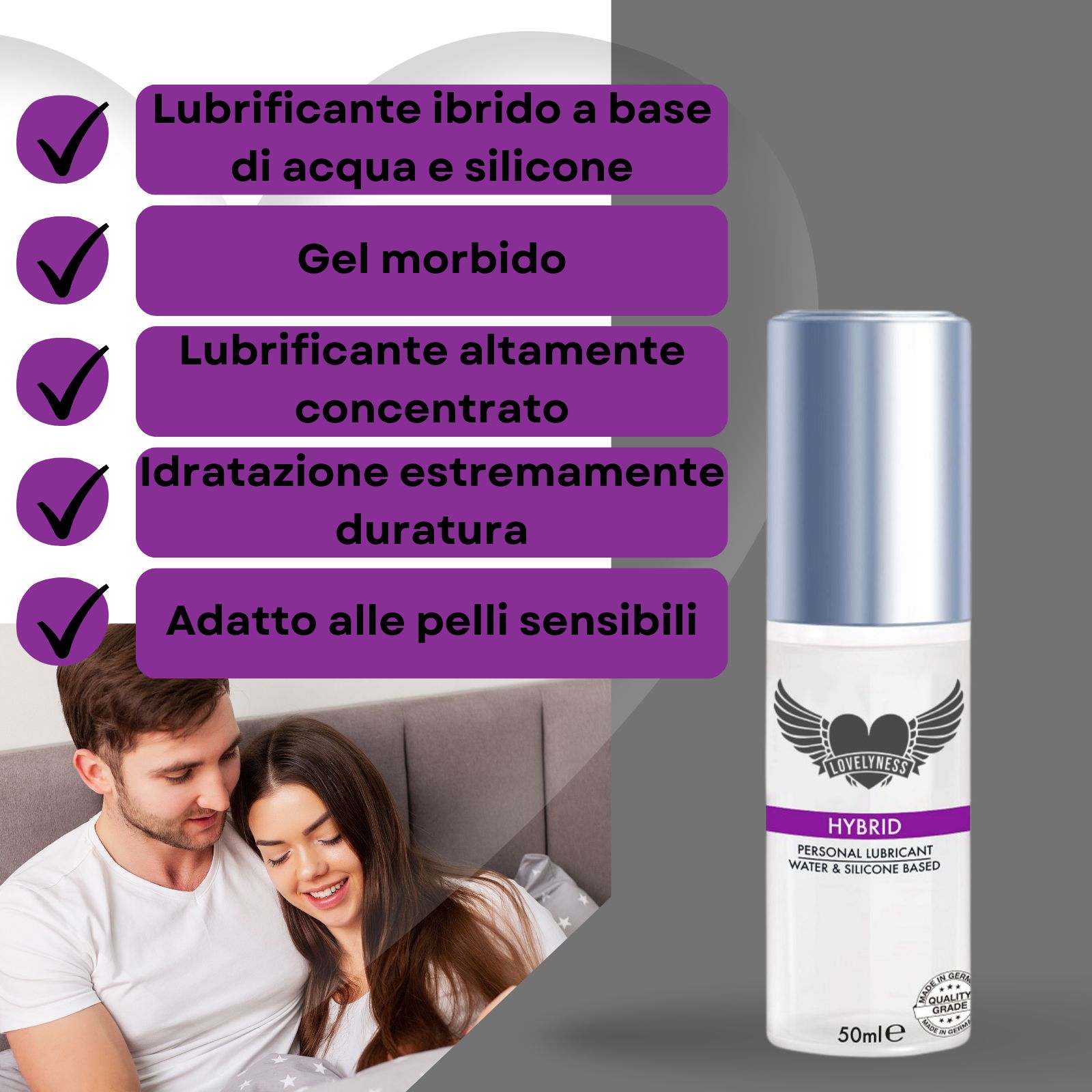 Flasche mit Hybrid Gleitgel. Text: Wasser/Silikonbasis, geschmeidig. Paar umarmt sich.