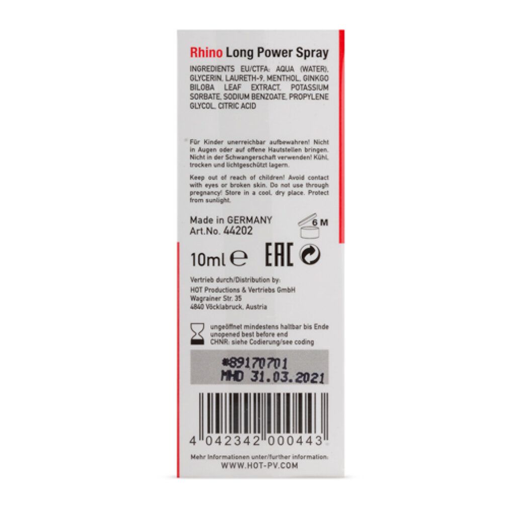 Rückseite der Verpackung. Text: Rhino Long Power Spray. Inhaltsstoffe, Herstellerinformationen. 10ml. Haltbarkeitsdatum.