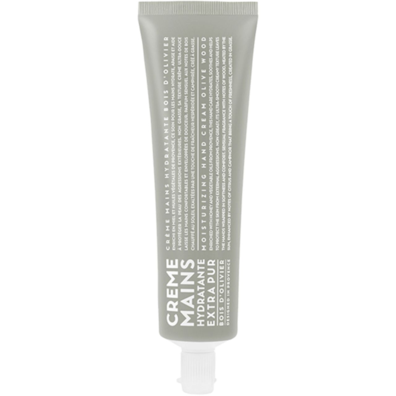 Creme-Tube, hellgrün. Text mit Produktinformationen. Weiße Verschlusskappe. "Crème Mains Hydratante Extra Pur Bois d'Olivier".