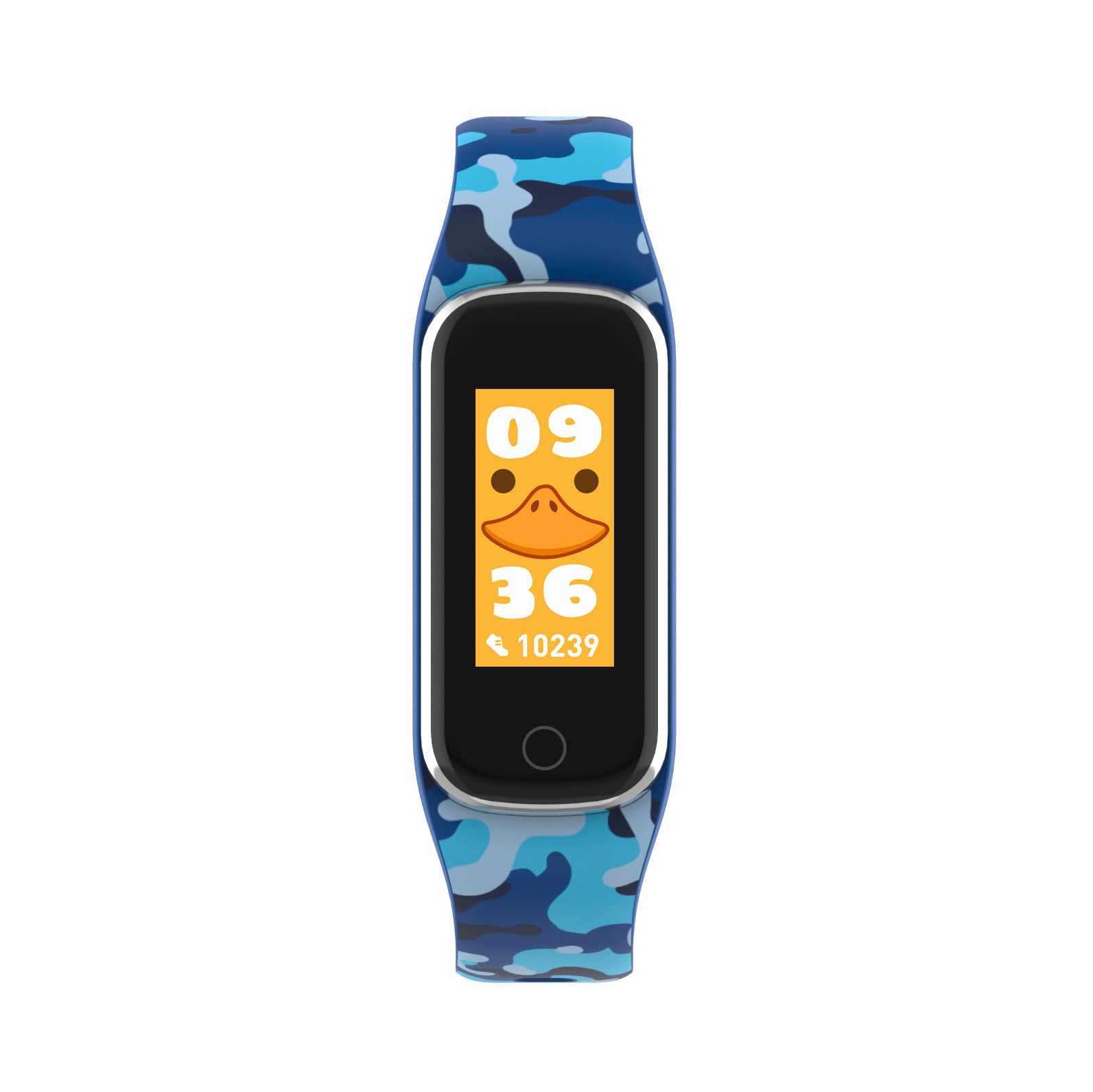 Blaues Fitnessband mit Camouflage-Muster. Rechteckiges Display mit Uhrzeit und Enten-Grafik. Telefon-Symbol und Nummer.