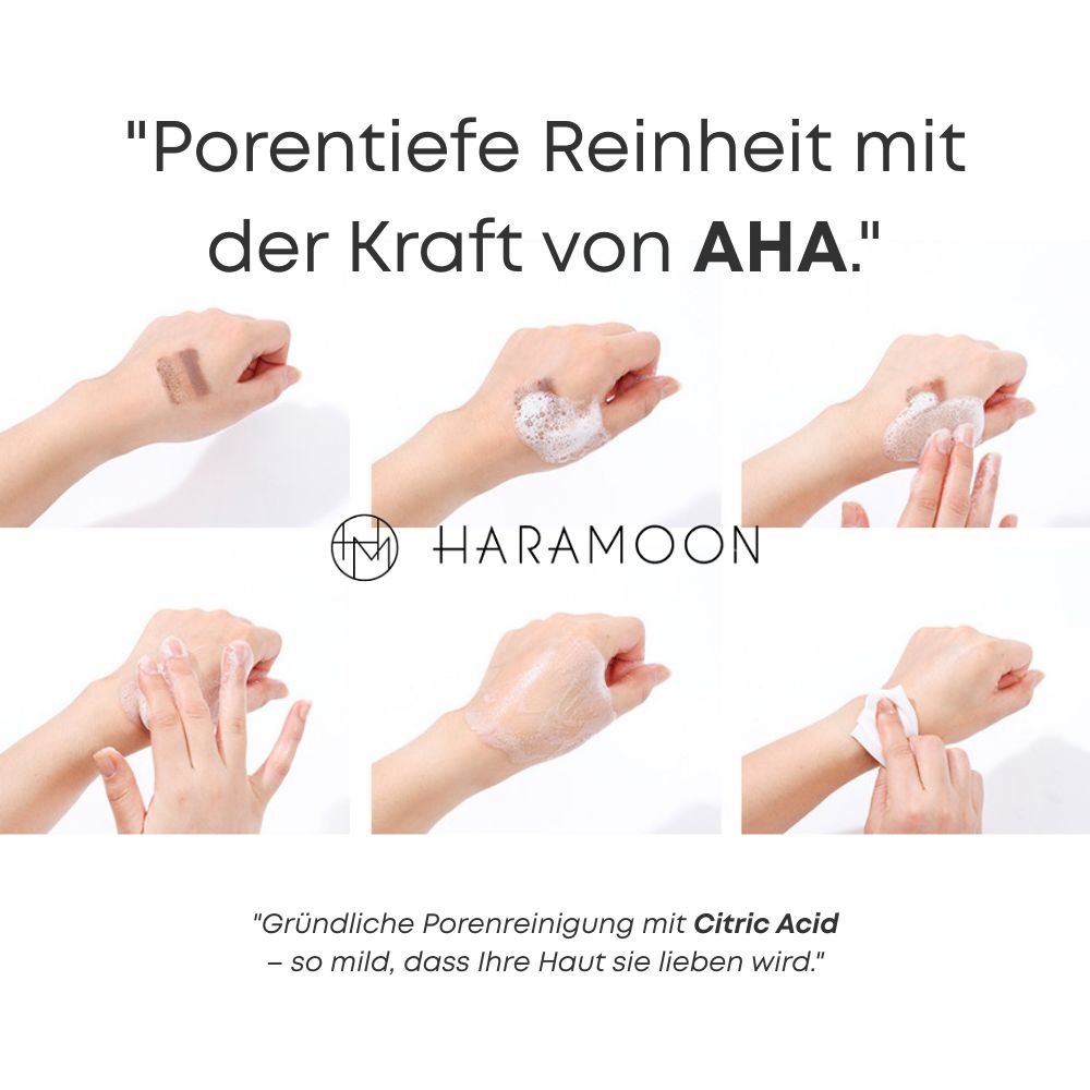 Hände mit Schaum. Text: Porentiefe Reinheit mit der Kraft von AHA. Gründliche Porenreinigung mit Citric Acid.