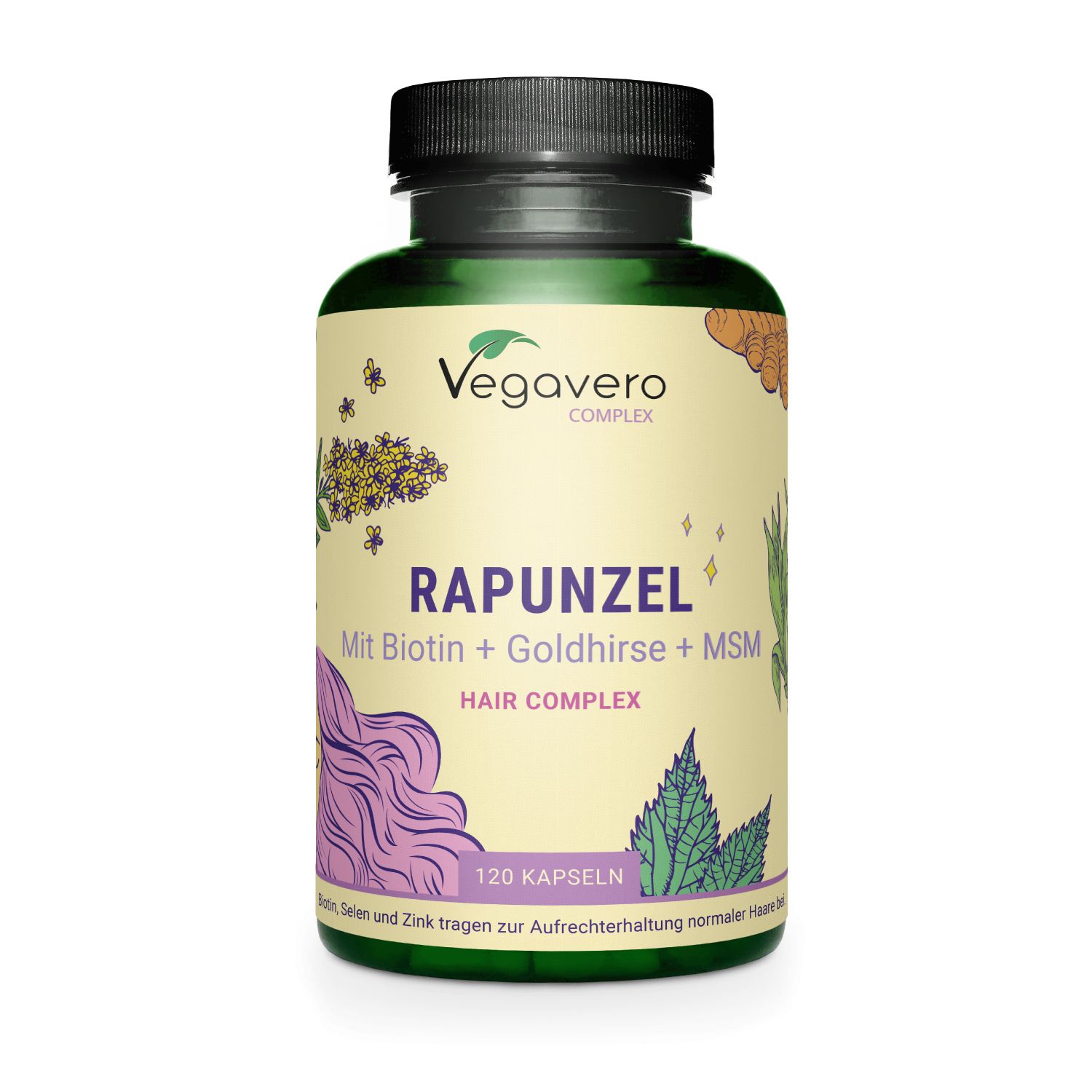 Flacone verde con capsule. Scritta: VEGAVERO RAPUNZEL Hair Complex. Con biotina, miglio dorato, MSM. 120 capsule.