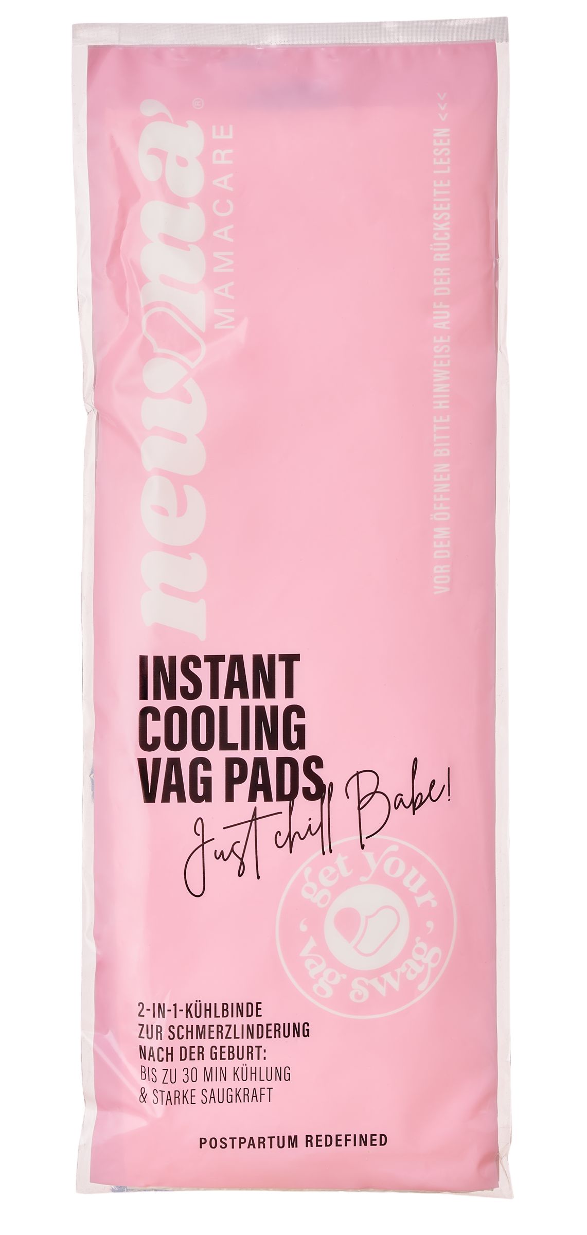 Rosa Folienverpackung mit Text: "Instant Cooling Vag Pads". Marke: newma mamacare.