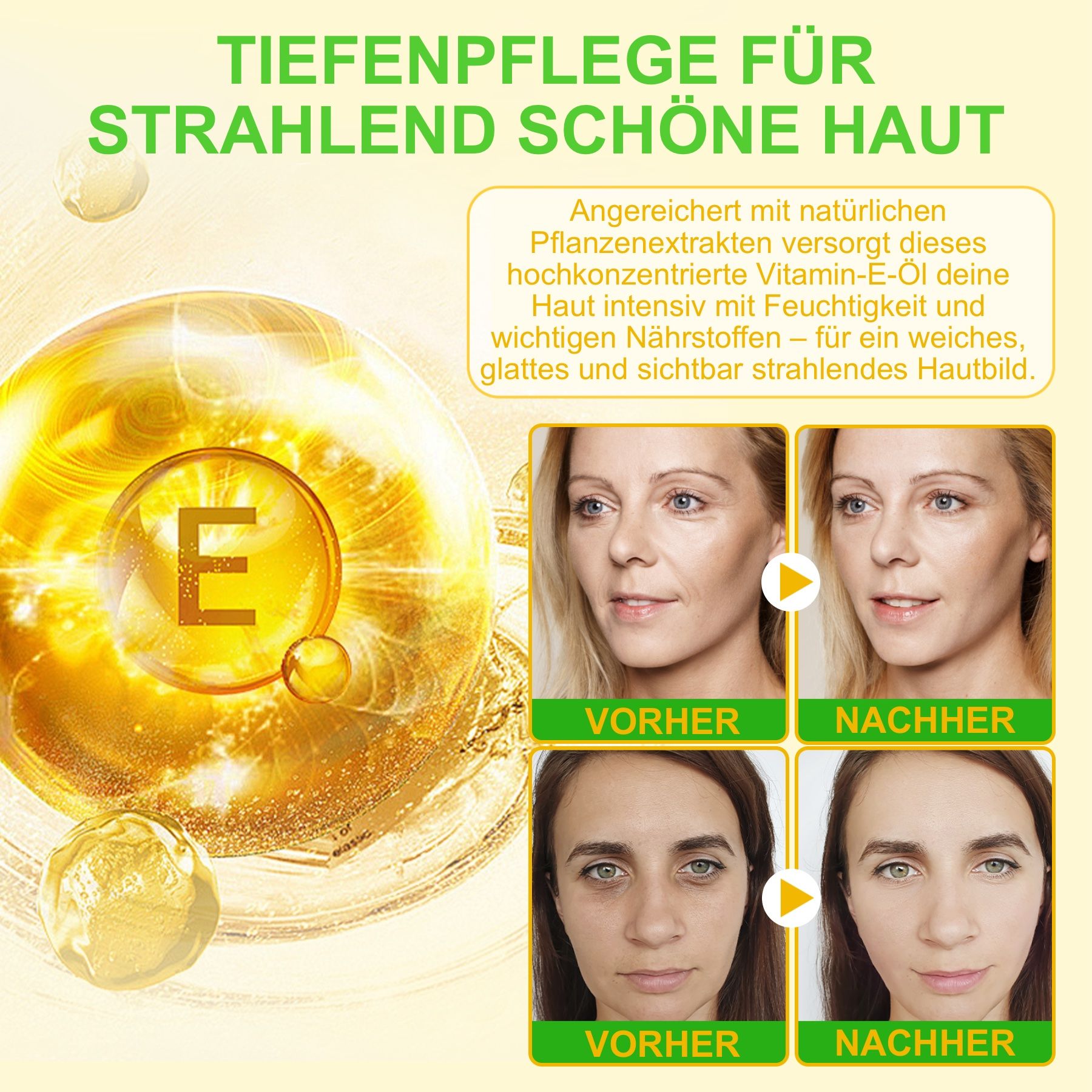 Vorher-Nachher-Bilder von Gesichtern. Text über Hautpflege.