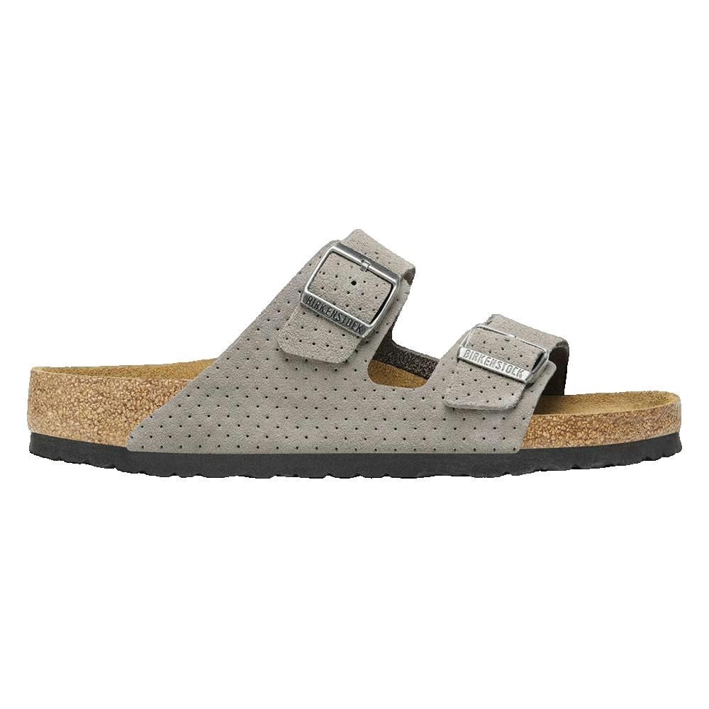 Sandali Birkenstock Arizona grigi. Due fibbie, plantare in sughero, tomaia traforata.