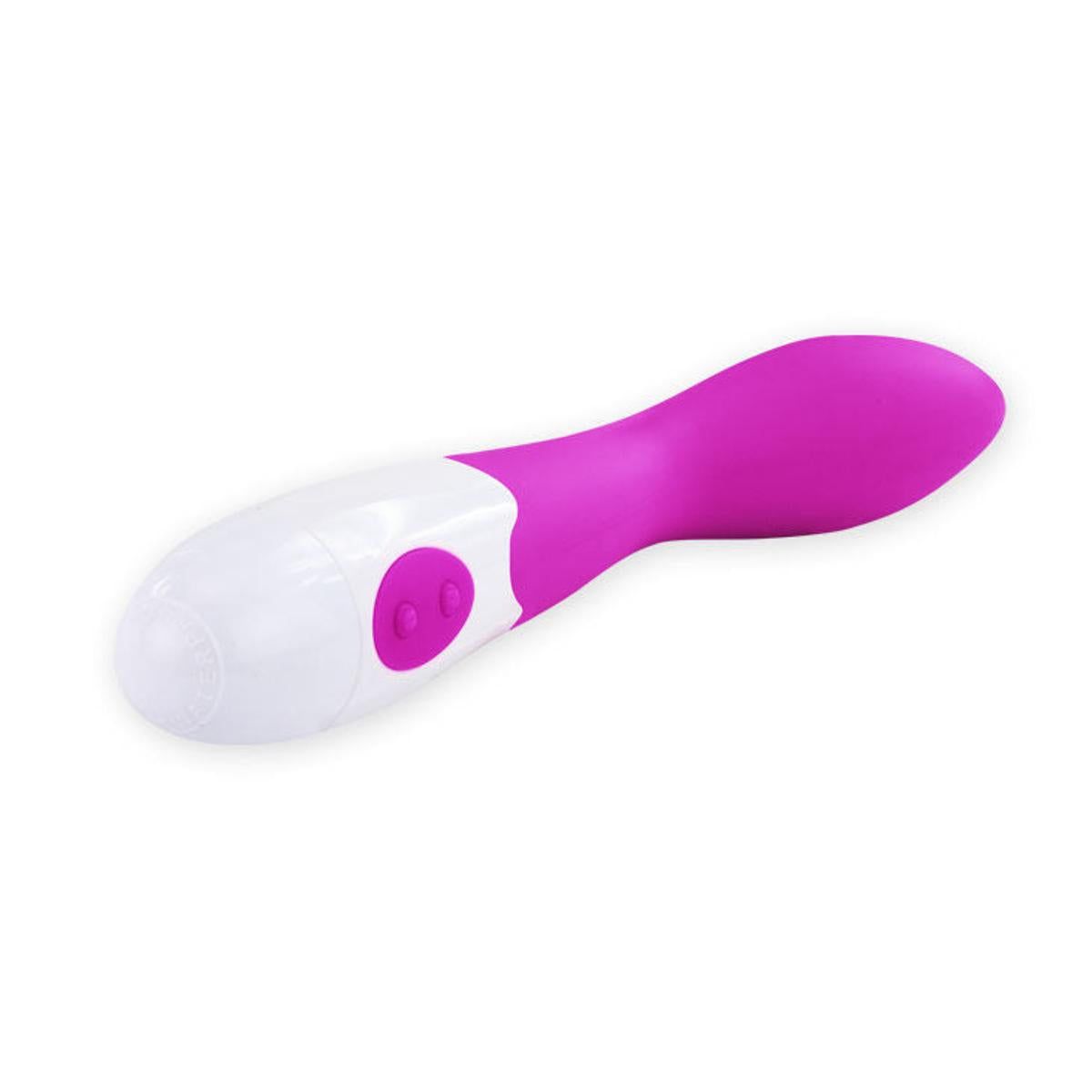 Vibrator, lila und weiß. Gebogene Form, Silikon. Zwei Knöpfe am weißen Griff.