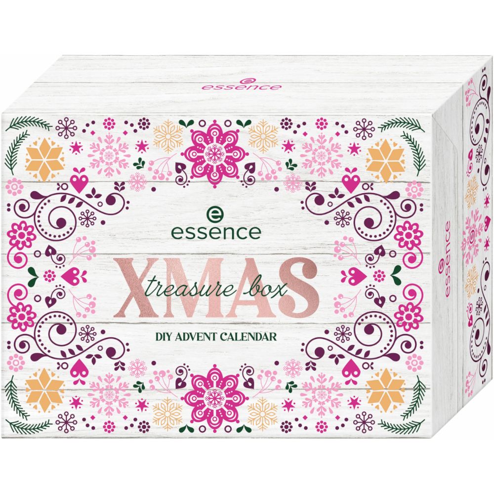 Essence Adventskalender. Weißer Karton mit floralem Muster und Schriftzug 'XMAS treasure box'.