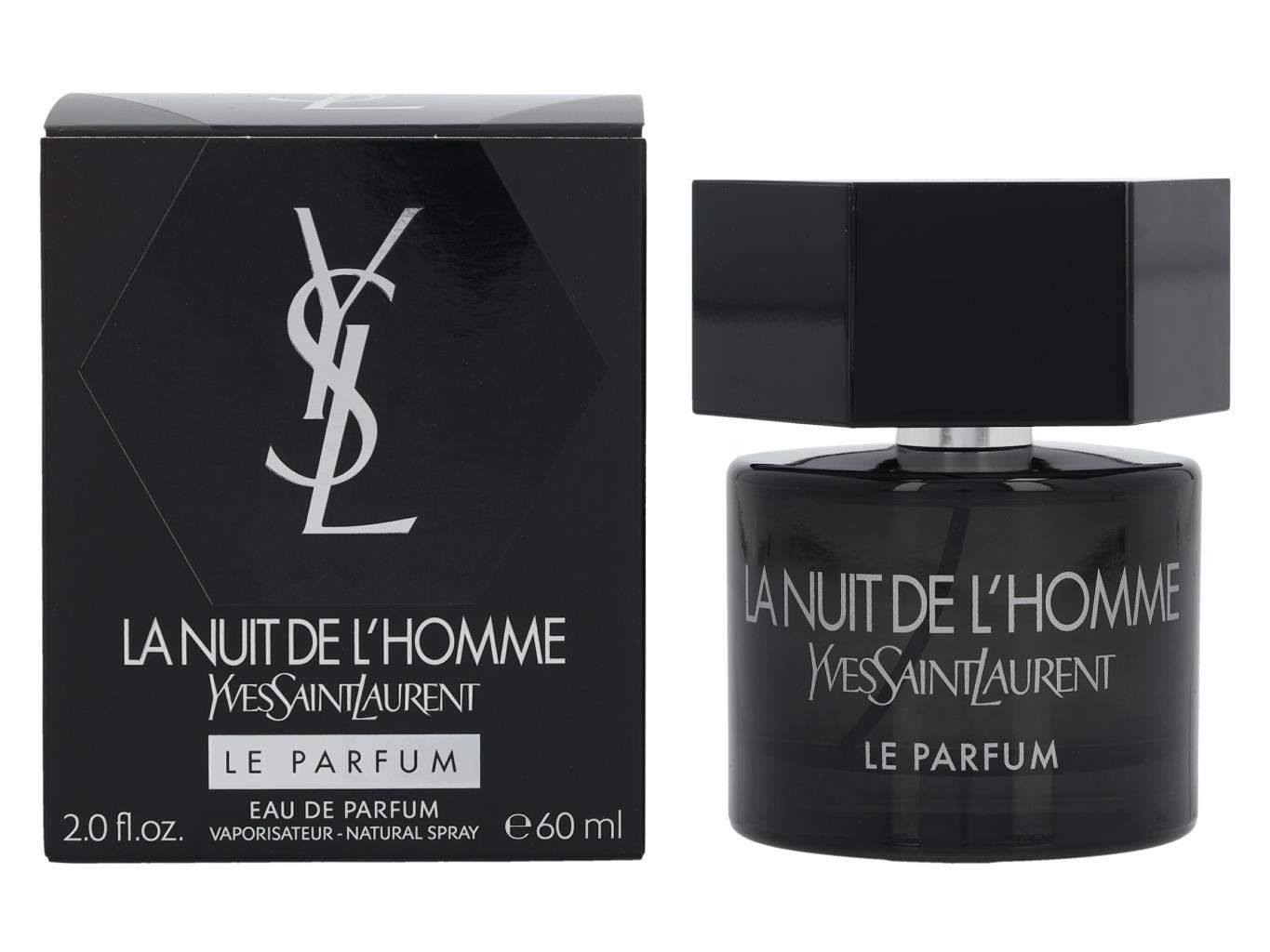Schwarze Verpackung und Flakon. Aufschrift: La Nuit de L'Homme, Yves Saint Laurent, Le Parfum. 60 ml.
