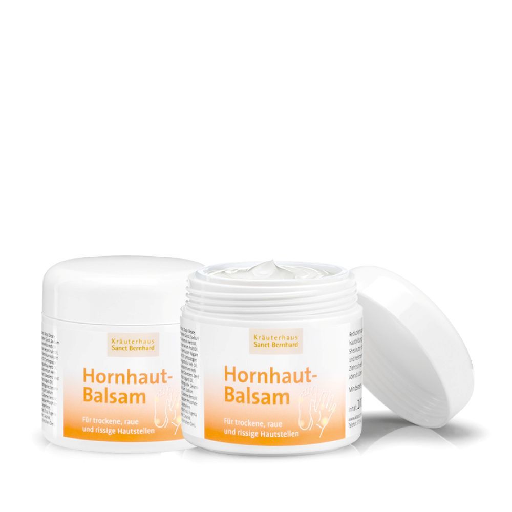 Produktetikett mit Text und Logo. Text: "Hornhaut-Balsam". Hintergrund weiß mit grünen und gelben Elementen. Inhaltsstoffe und Herstellerangaben.