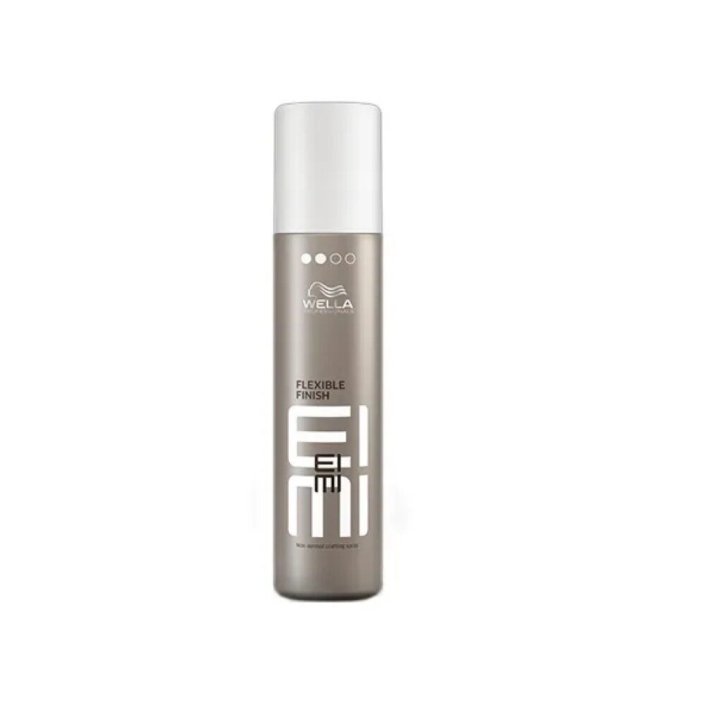 Haarspray-Flasche, hellgrau mit weißem Deckel. Logo und Schriftzug EIMI. Flexible Finish.
