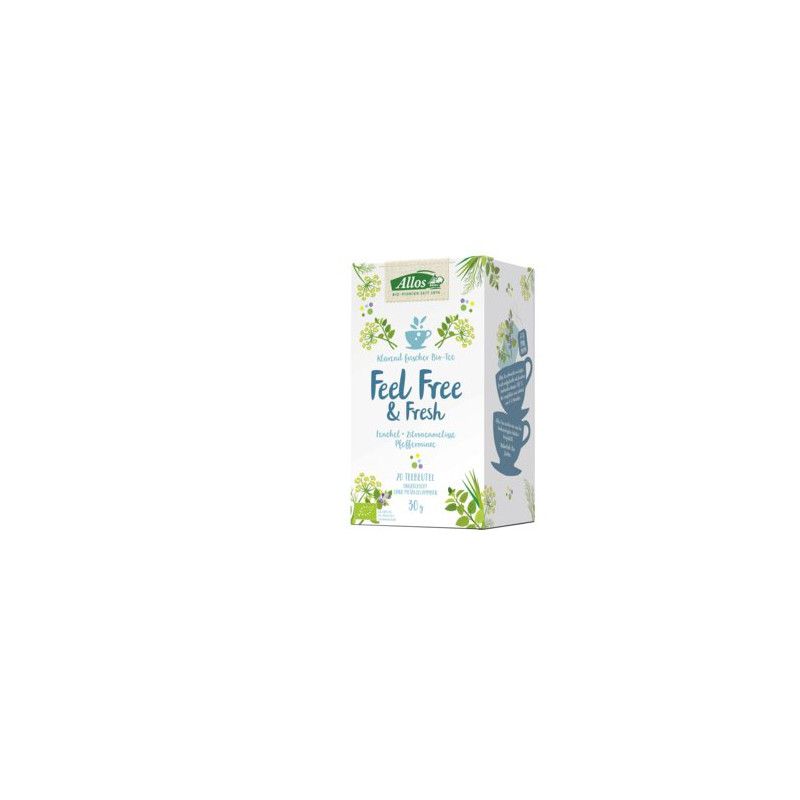 Kartonverpackung mit Aufschrift "Feel Free & Fresh". Grün-weiße Gestaltung mit Kräuterdarstellungen und Logo.
