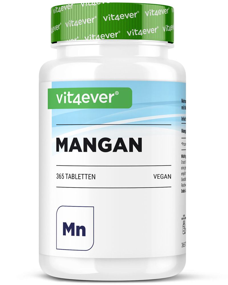 Weiße Flasche mit grünem Deckel. Aufschrift "vit4ever Mangan". Enthält 365 Tabletten. Vegan.