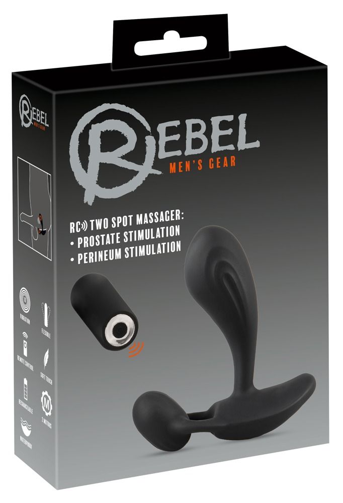 Verpackung mit Produktabbildung. Text: REBEL MEN'S GEAR, RC Two Spot Massager. Perineum- und Prostata-Stimulation.