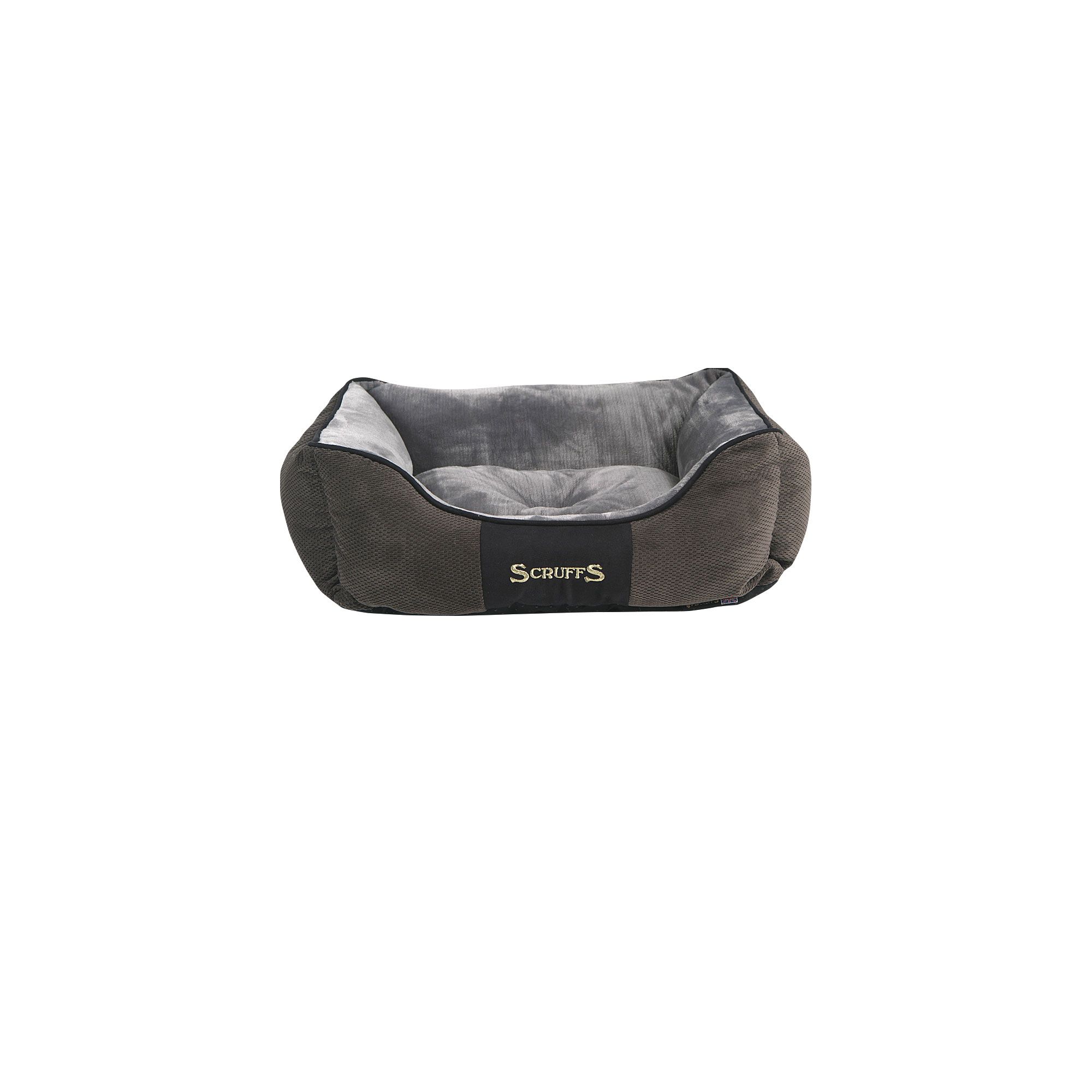 Graues Hundebett mit Plüschstoff und Anti-Rutsch-Noppen. Schwarzes Band mit goldener SCRUFFS®-Stickerei. Rechteckige Form.