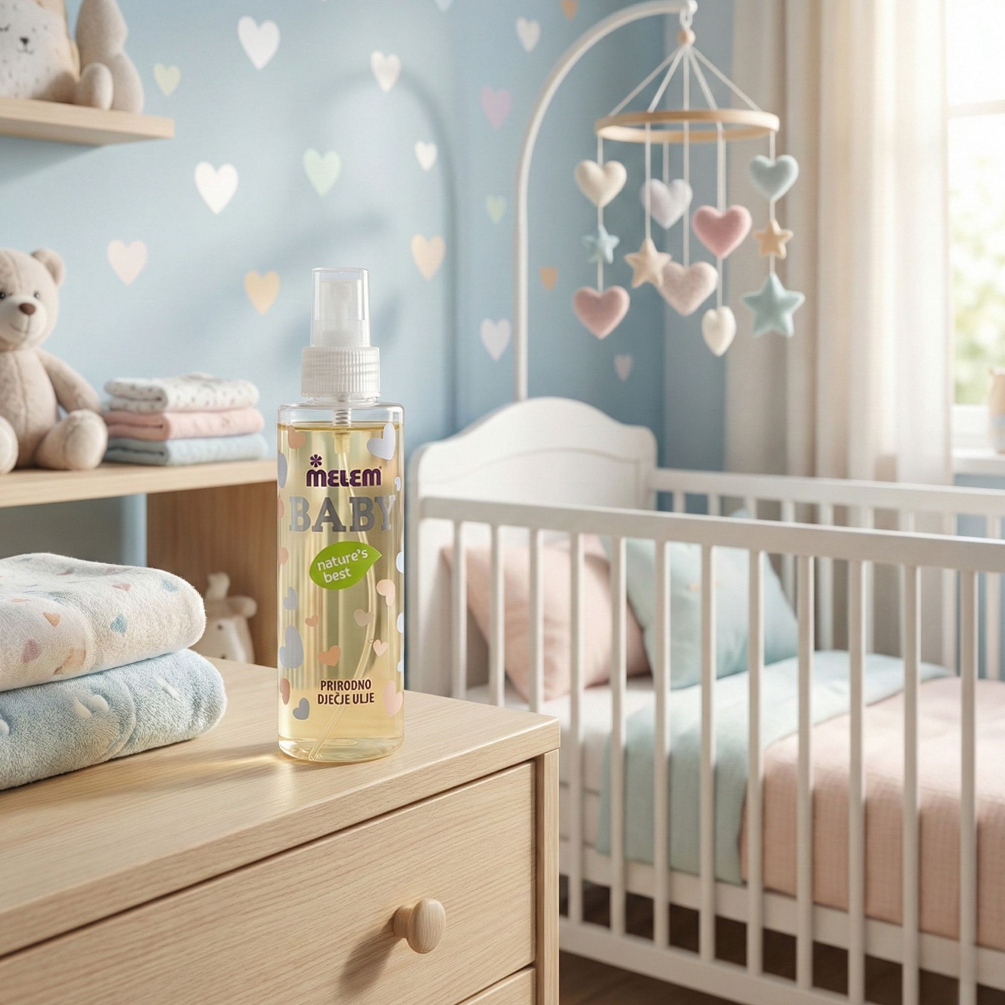 Eine Flasche Melem Babyöl steht auf einem Tisch. Im Hintergrund ein Kinderbett und Spielzeug. Auf der Flasche ist der Markenname zu sehen.