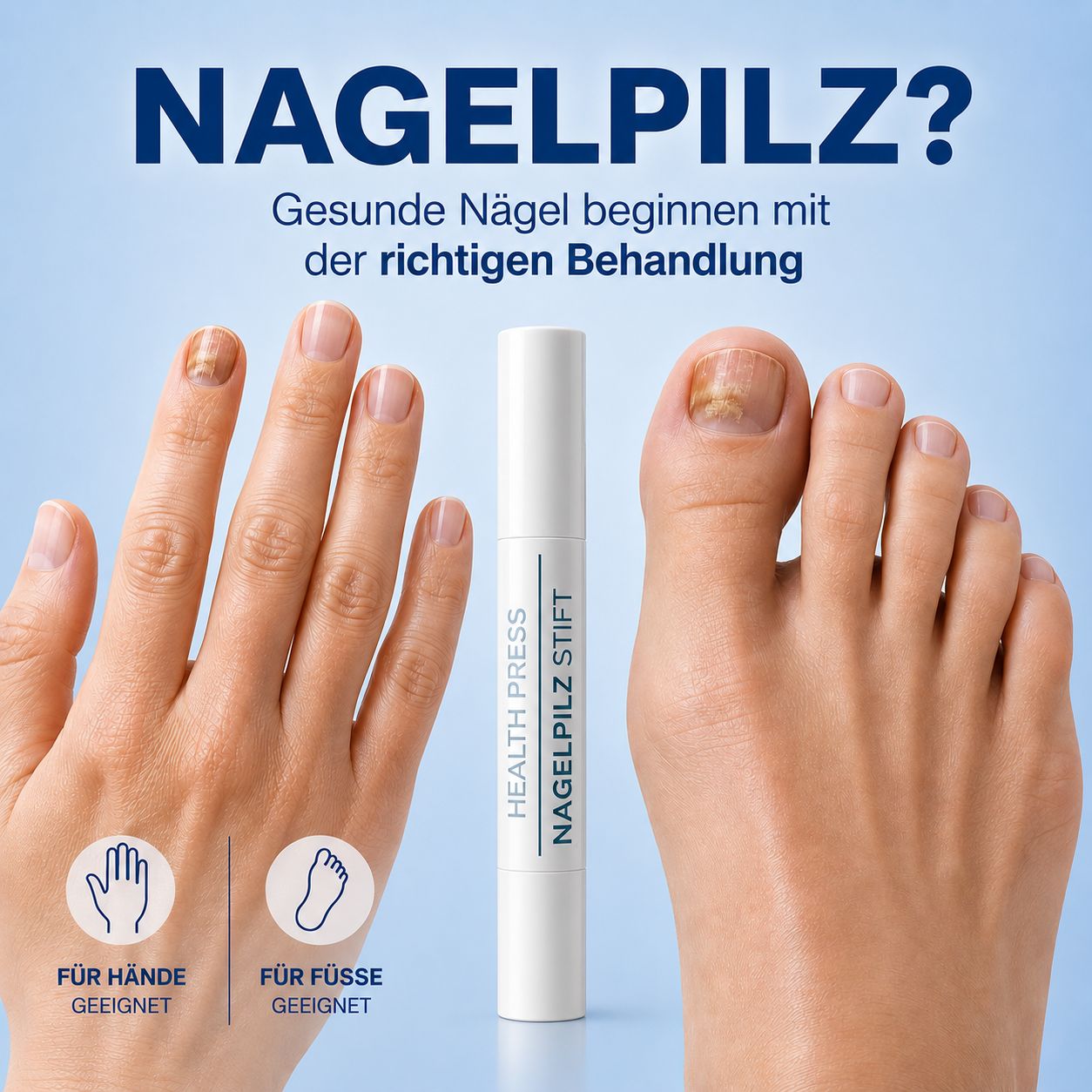 Hände und Füße mit Nägeln. Stift mit Pinselspitze. Text: Health Press Nagelpilz Stift. Symbole: Für Hände, Für Füße.
