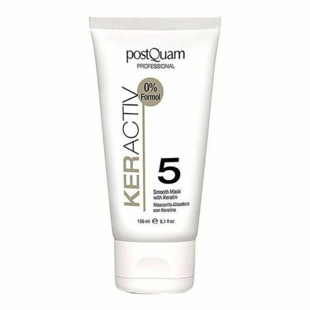 Weiße Tube mit schwarzem Schriftzug KERACTIV 5, darunter 'Smooth Mask with Keratin'. Marke: postQuam PROFESSIONAL. 0% Formal.