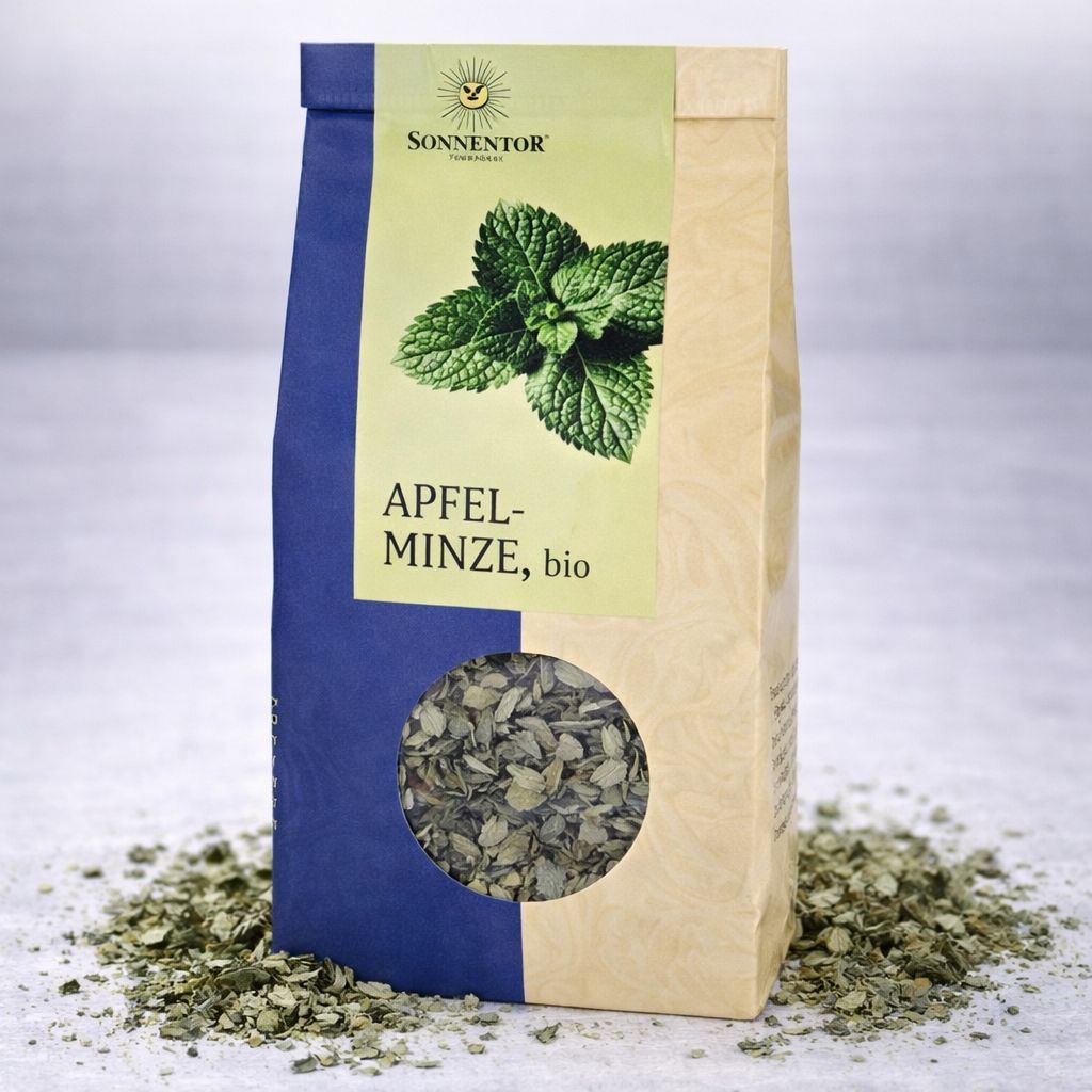 SonnenTor Apfelminze bio Teebeutel mit losem Tee und einer Tasse dampfendem Tee.