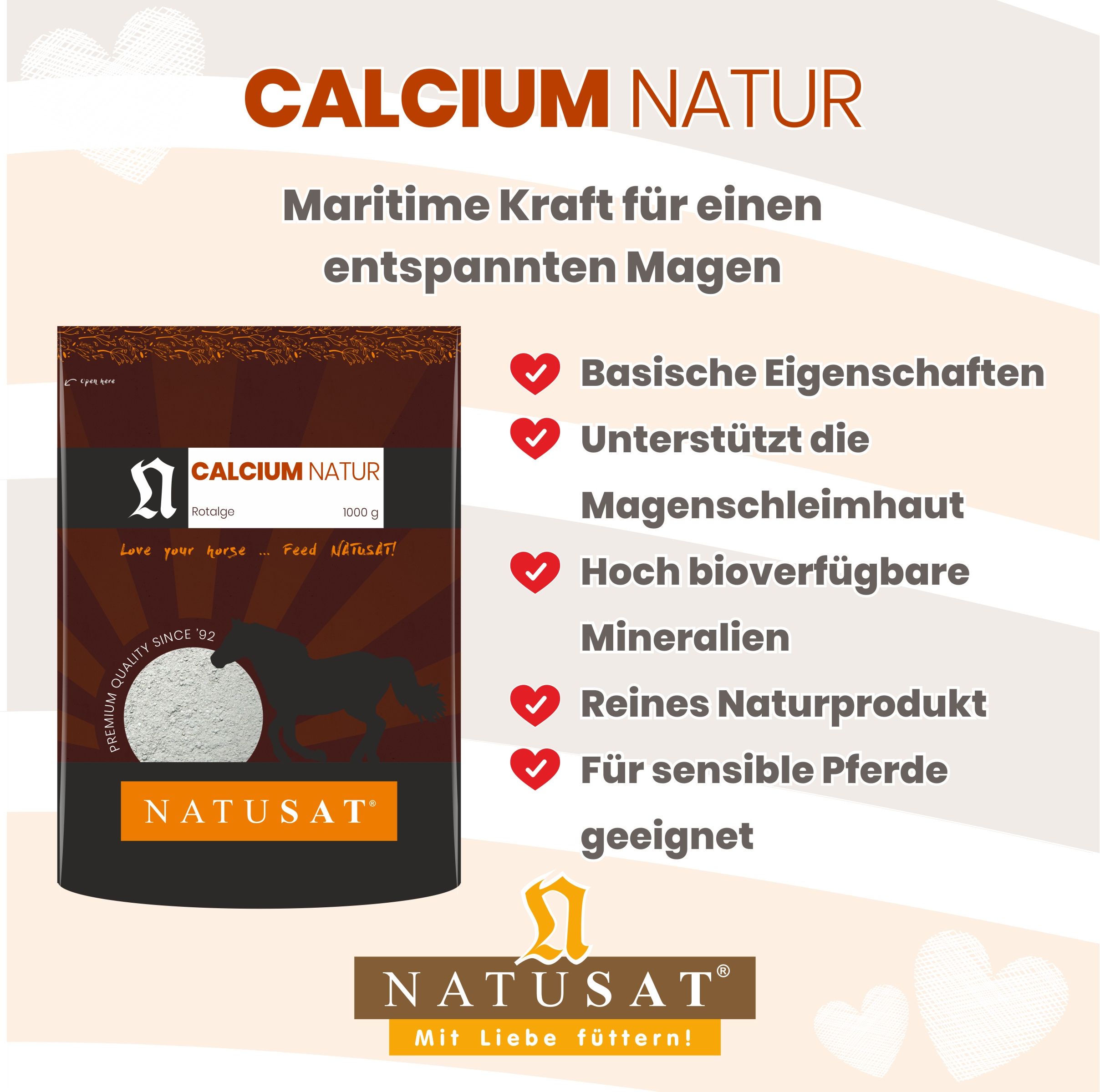 Natusat Calcium Natur Rotalge 1000g Beutel mit Liste der Produkteigenschaften und Logo.