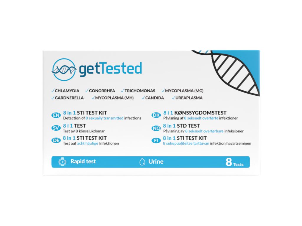 GetTested 8 in 1 STI Test-Kit. Weiße Verpackung mit blauem Akzent. Enthält 8 Tests. Text: Rapid Test, Urine.