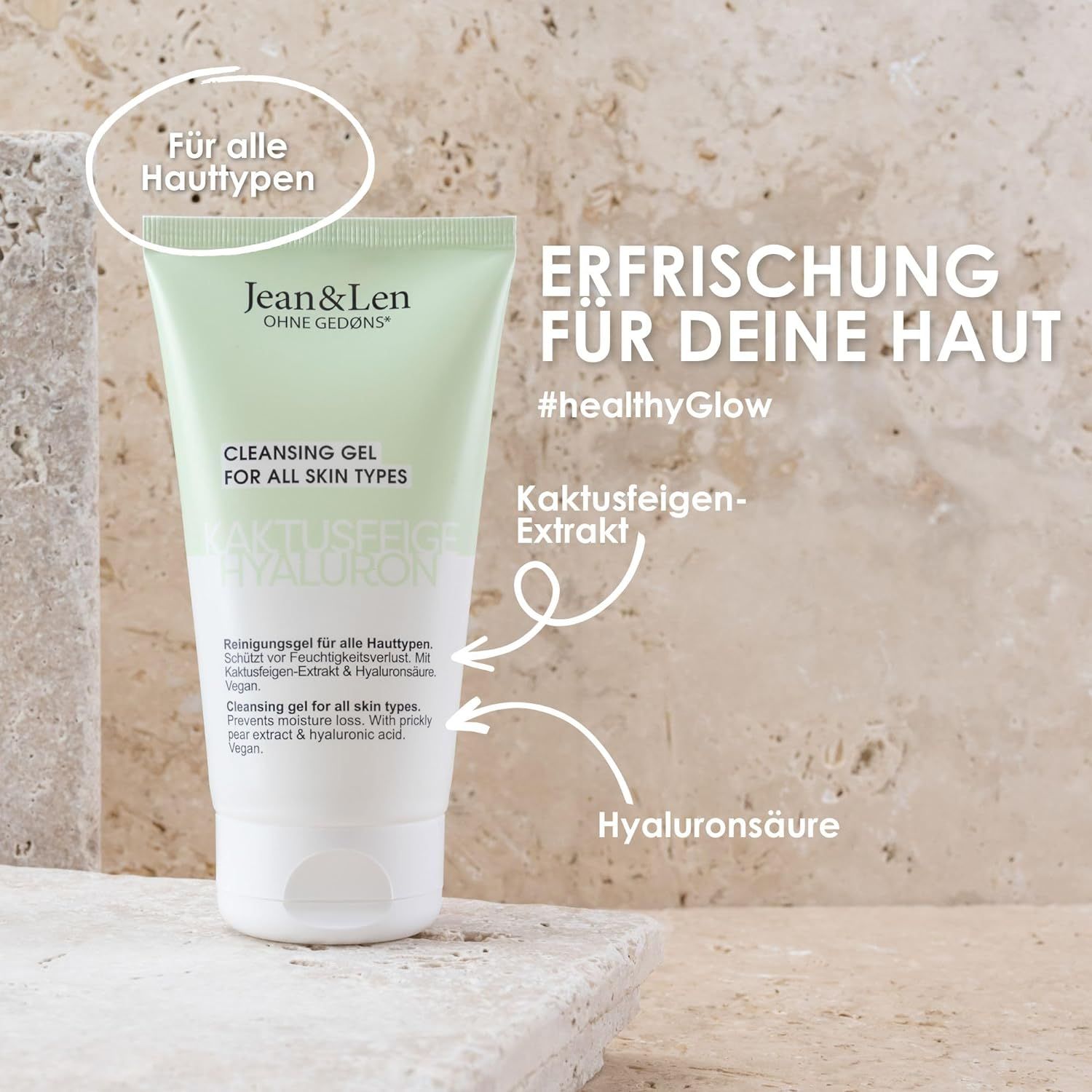 Produkt-Tube mit Text: Jean & Len, Cleansing Gel, Kaktusfeige & Hyaluron. Pfeile zeigen auf Kaktusfeigen-Extrakt und Hyaluronsäure.