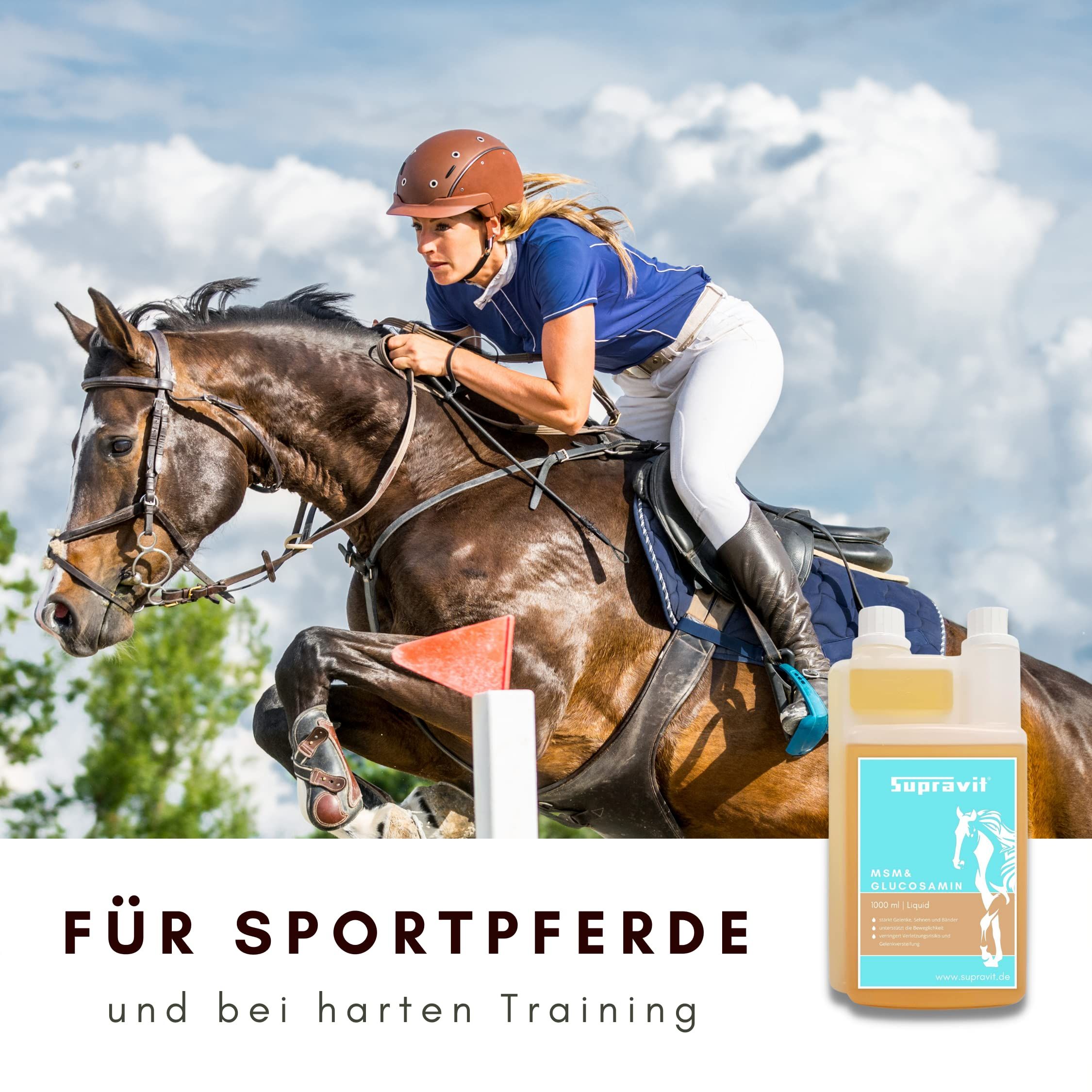 Flüssiges Ergänzungsfuttermittel. Aufschrift: Supravit MSM & Glucosamin. Flasche neben Springreiterin. Text: Für Sportpferde und hartes Training.