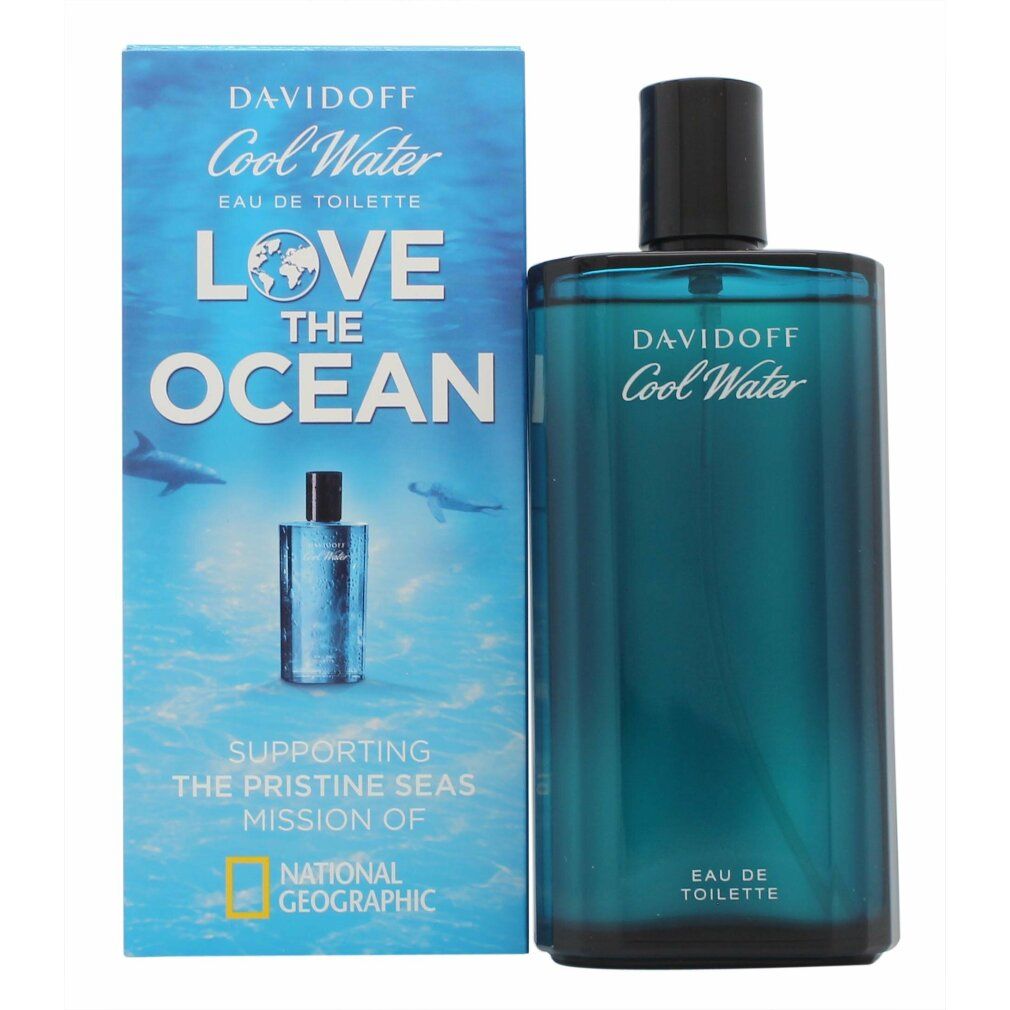 Davidoff Cool Water Eau de Toilette Flakon und Verpackung. Blau-grünes Glas, schwarzer Verschluss. Verpackung mit Logo und Schriftzug.
